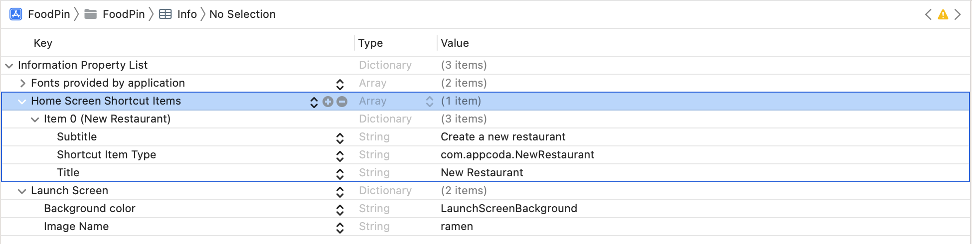 Figure 29-4. Sample Info.plist for static quick actions