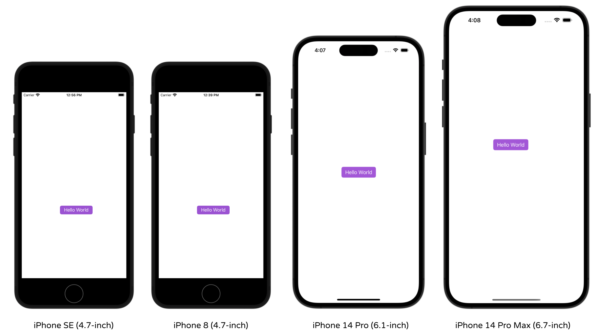 Figure 5-1. The app UI looks different when running on iPhone SE, iPhone 8, iPhone 14 Pro and iPhone 14 Pro Max