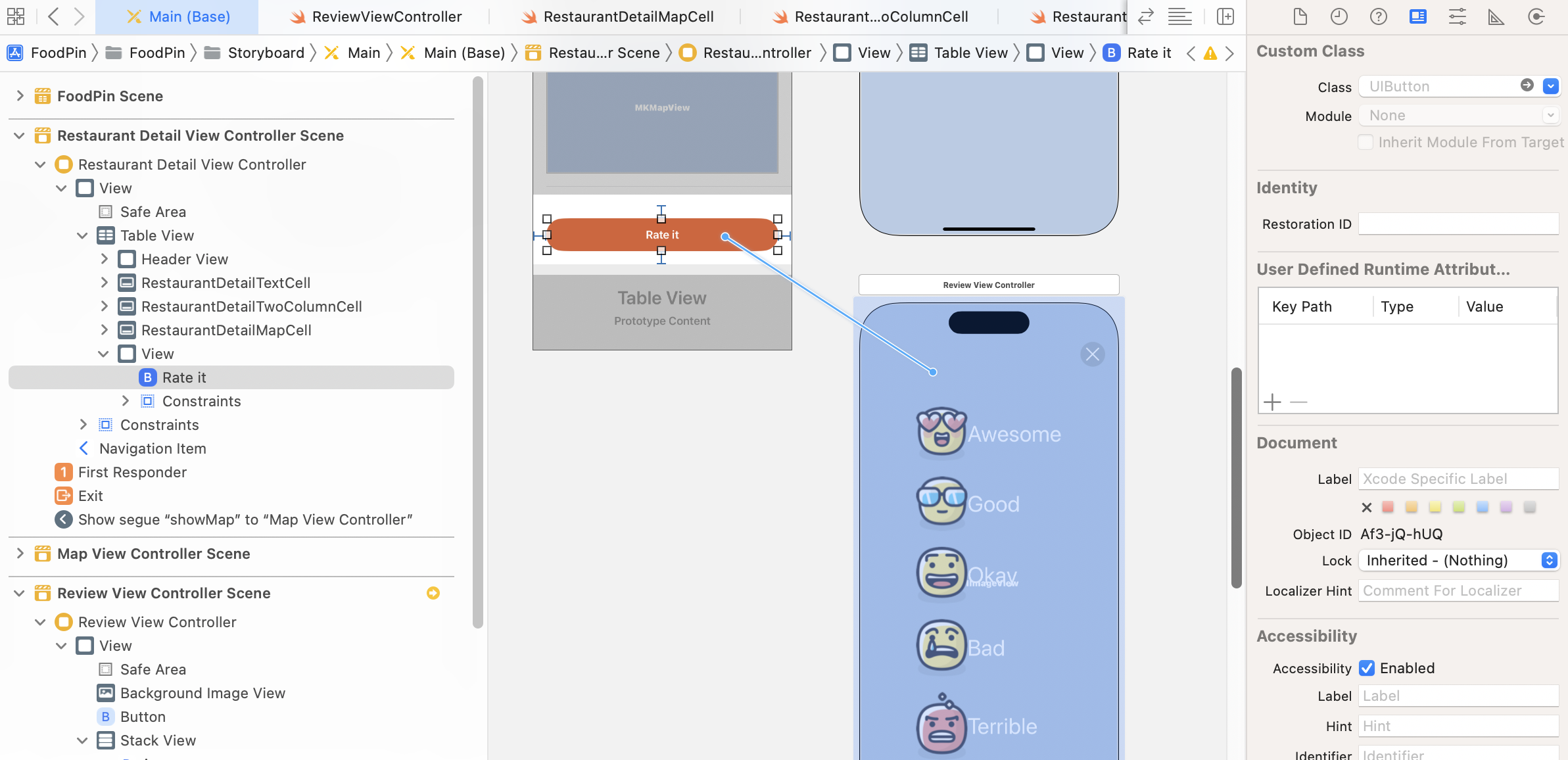 Figure 17-13. Create a segue to present the review view controller modally