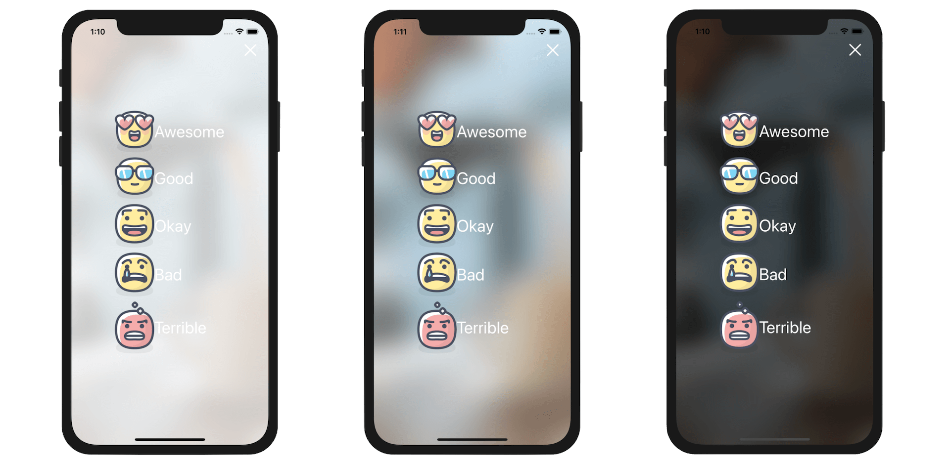 Figure 17-17. Extralight blurring style (left), Light blurring style (middle), and Dark blurring style (right) 
