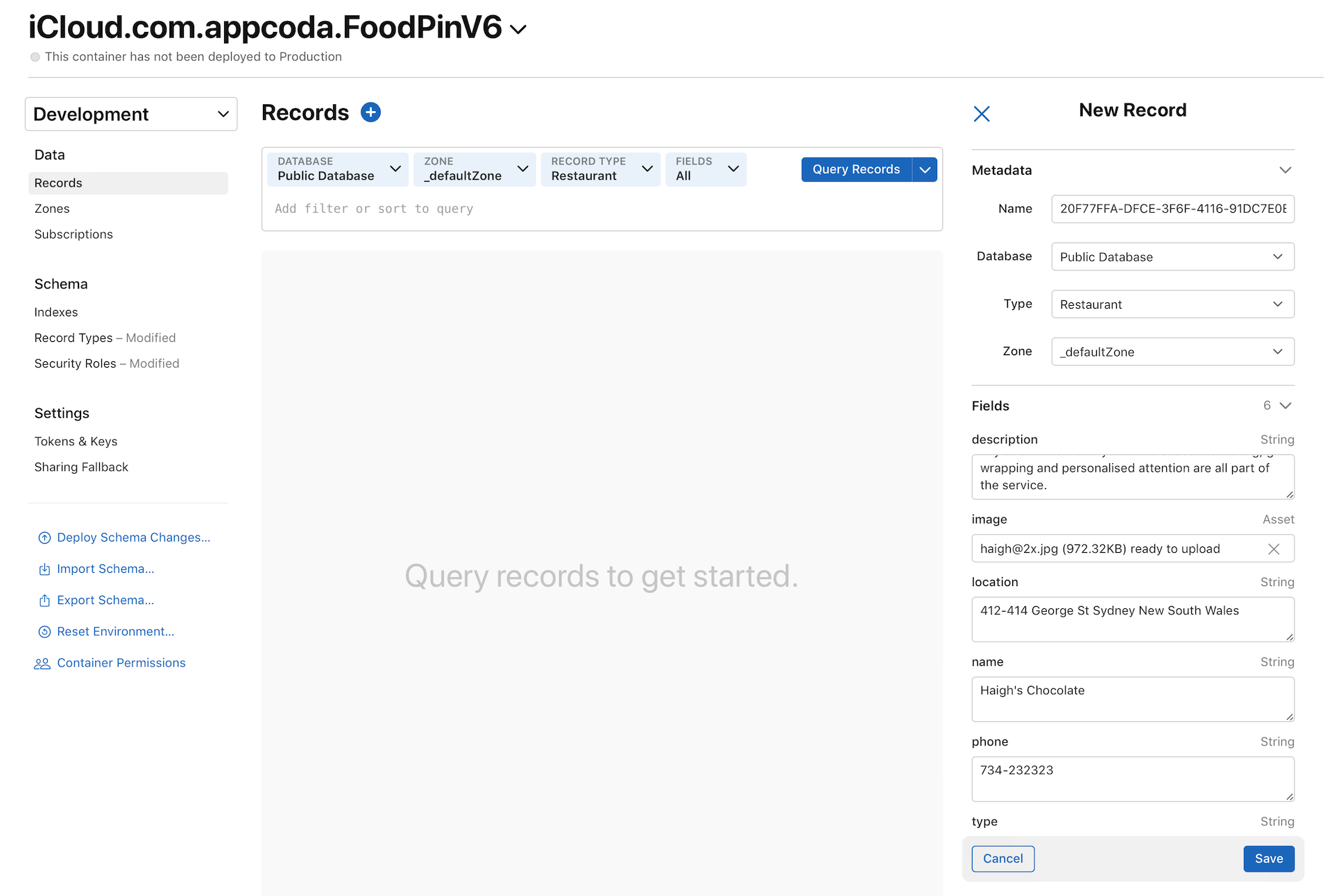 Figure 24-11. Adding a new record in CloudKit dashboard