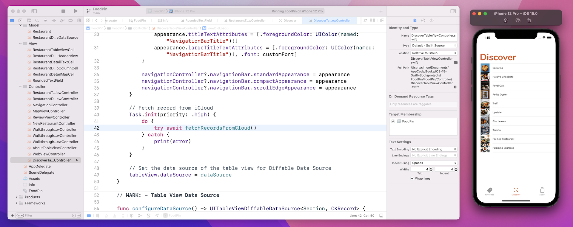 Figure 24-15. The Discover tab now downloads the restaurant from the public database