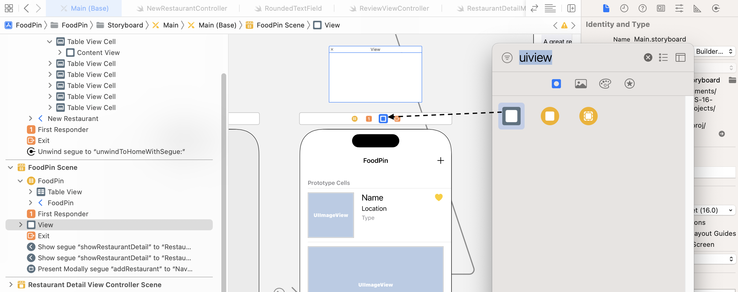 Figure 19-10. Add a view object to the scene dock of the Restaurant Table View Controller