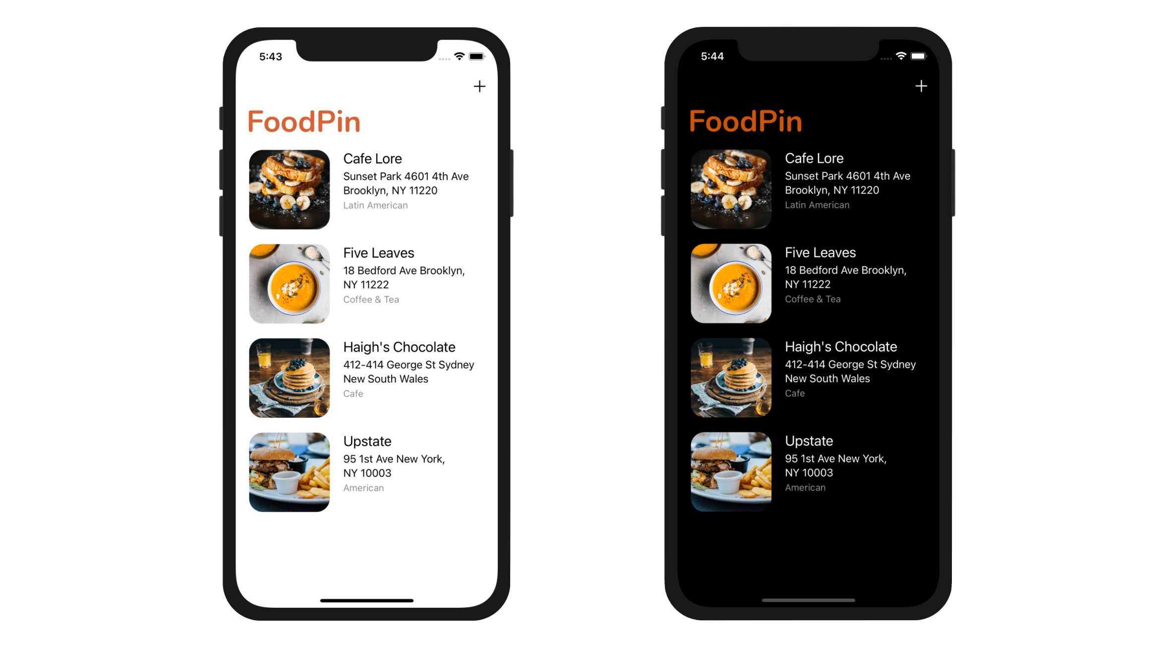 Figure 19-13. Adding a new restaurant (left), The newly-added restaurant now displays in the table view