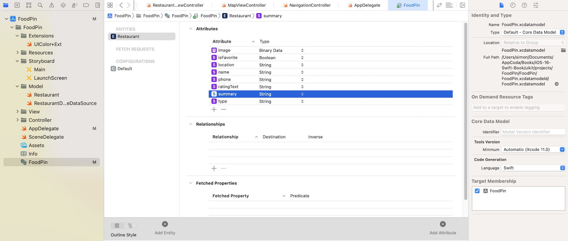 Figure 19-4. Adding attributes to the Restaurant entity