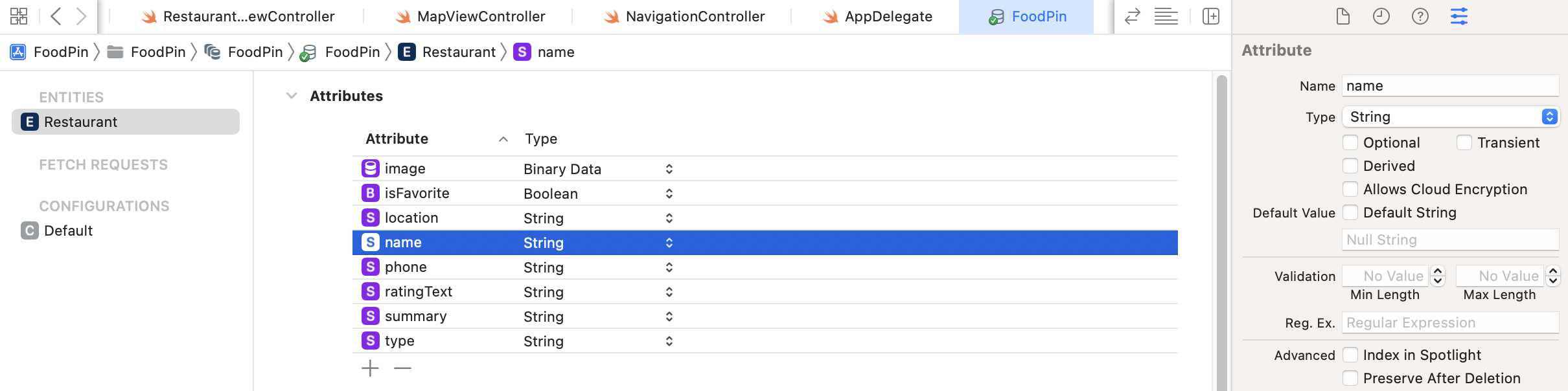 Figure 19-5. Editing attribute properties in the Data Model inspector