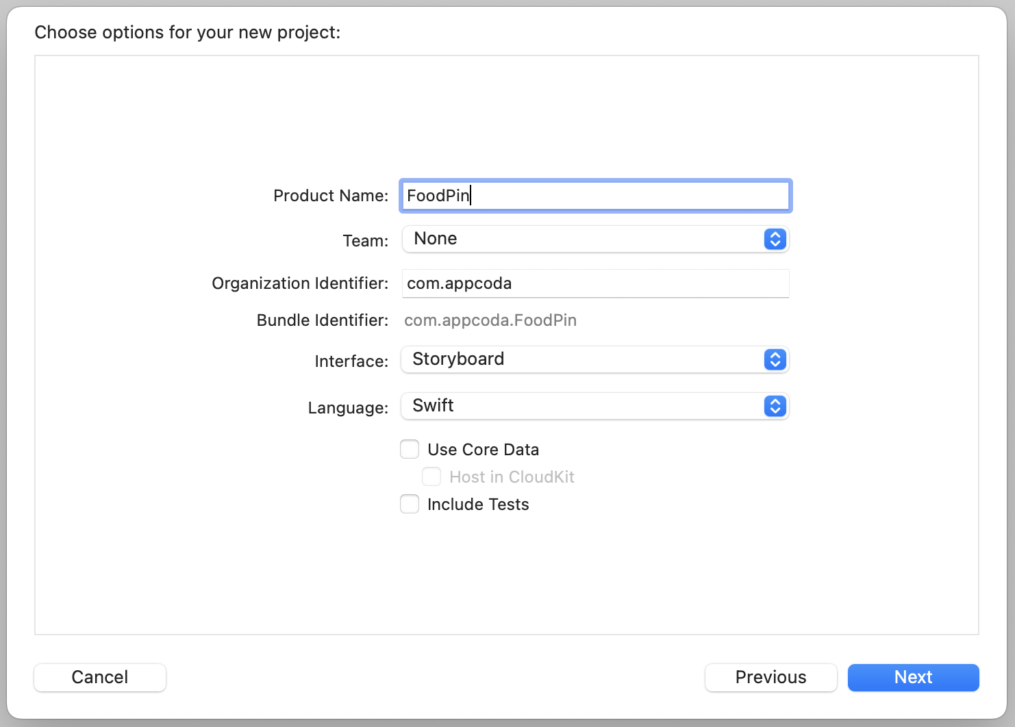 Figure 9-1. Create a FoodPin project