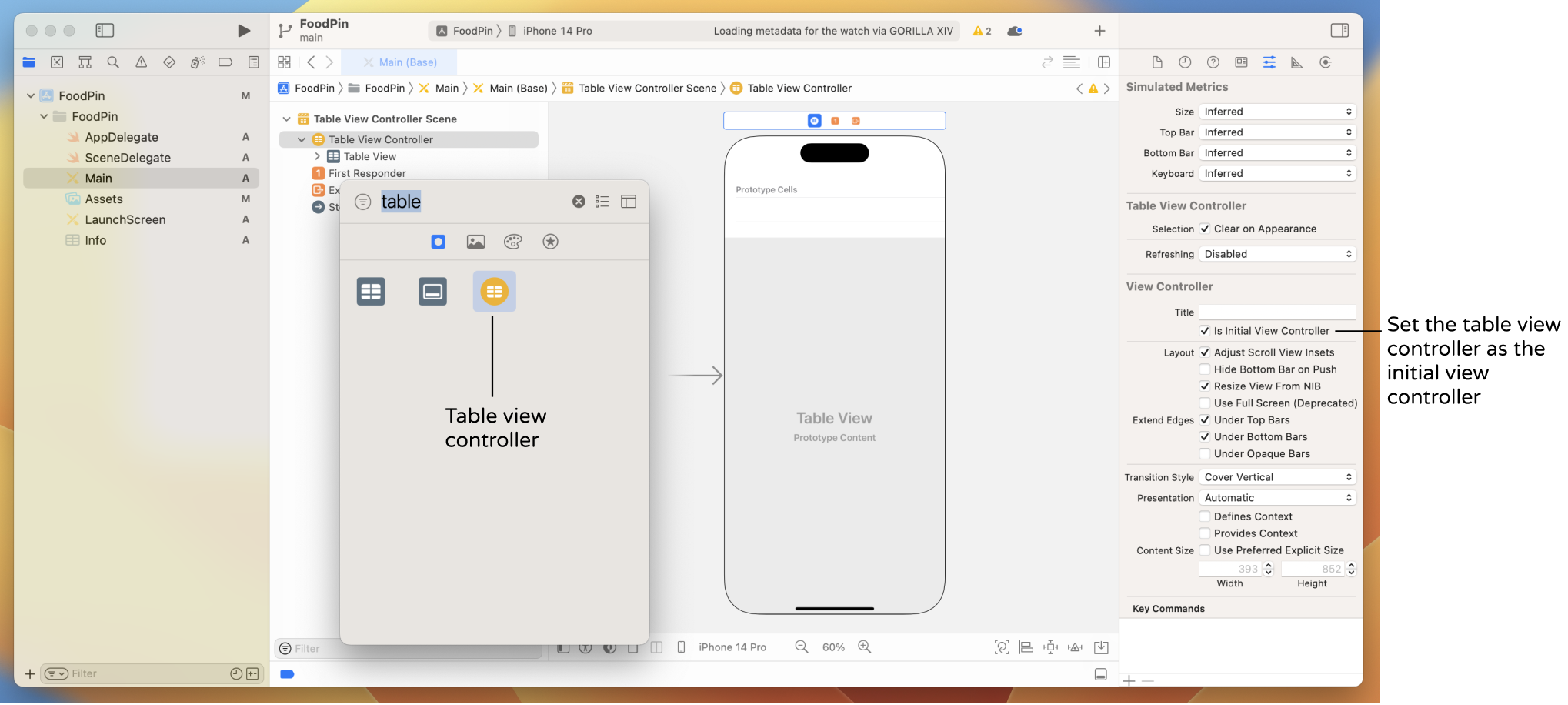 Figure 9-2. Drag a Table View Controller from the Object library and set it as the initial view controller