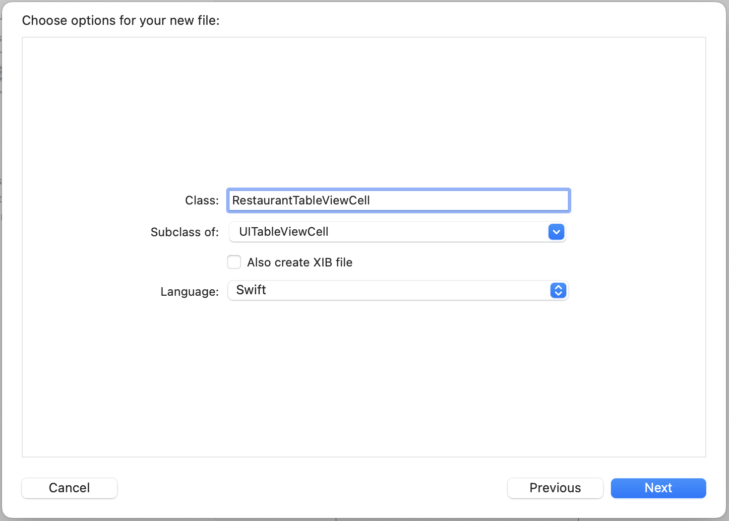 Figure 9-20. Creating a new class for the custom table view cell