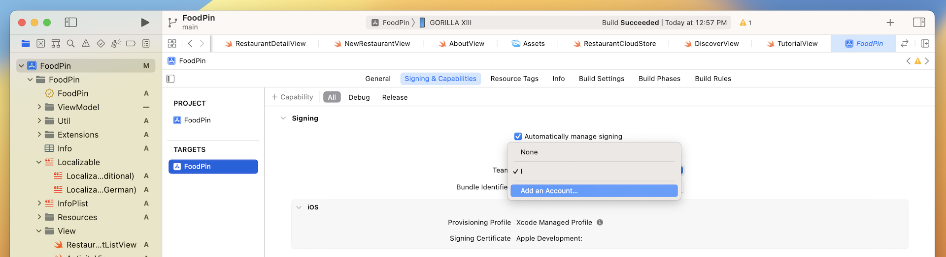 ￼Figure 26-2. Adding your iOS developer account in Xcode