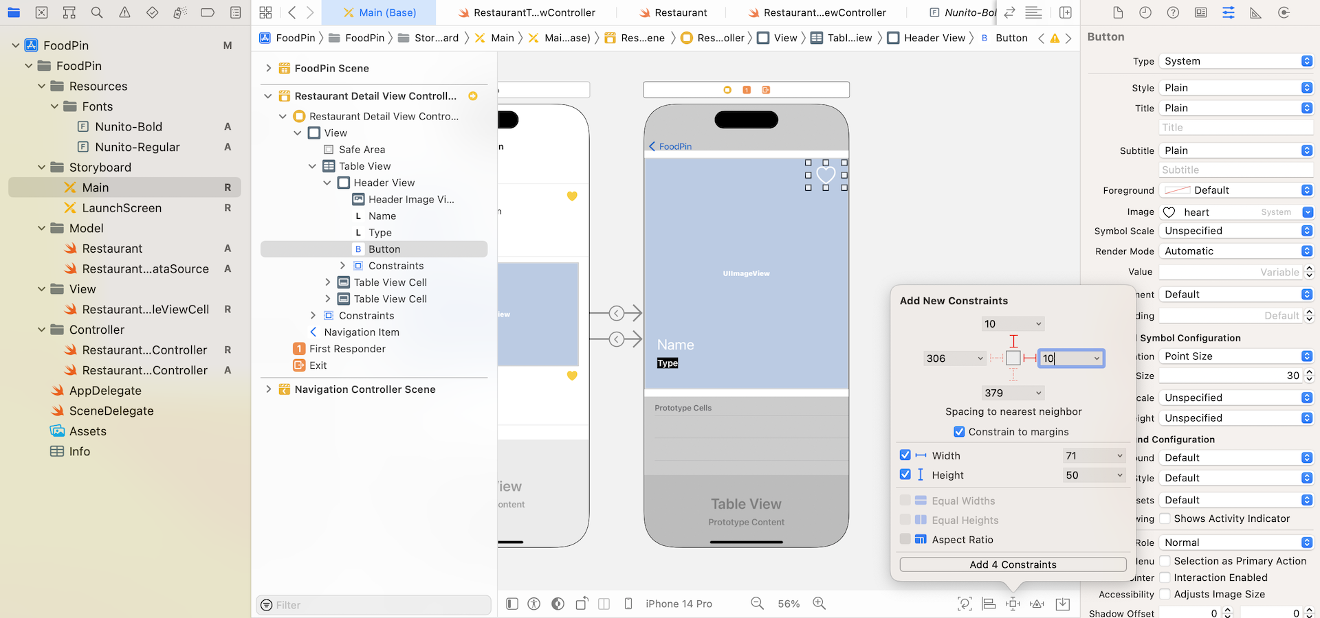 Figure 14-14. Adding layout constraints for the heart button