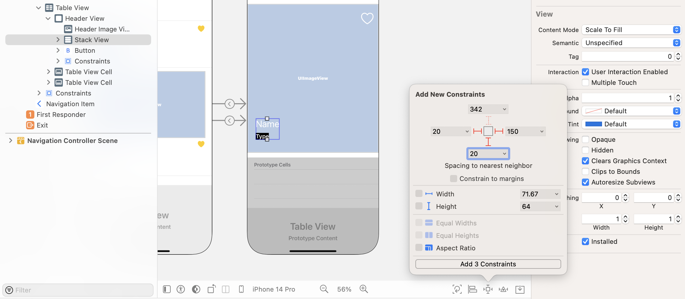 Figure 14-16. Adding spacing constraints for the stack view