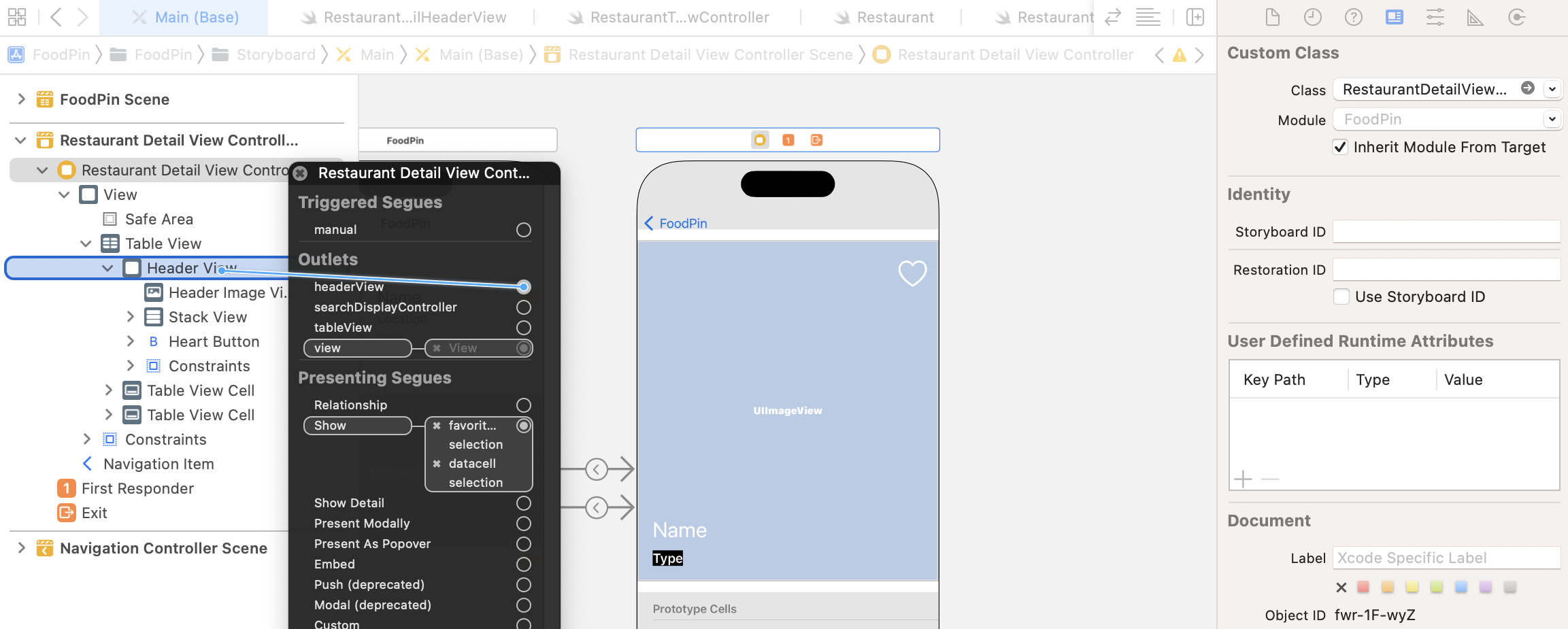 Figure 14-18. Establishing the connections for both header view and table view