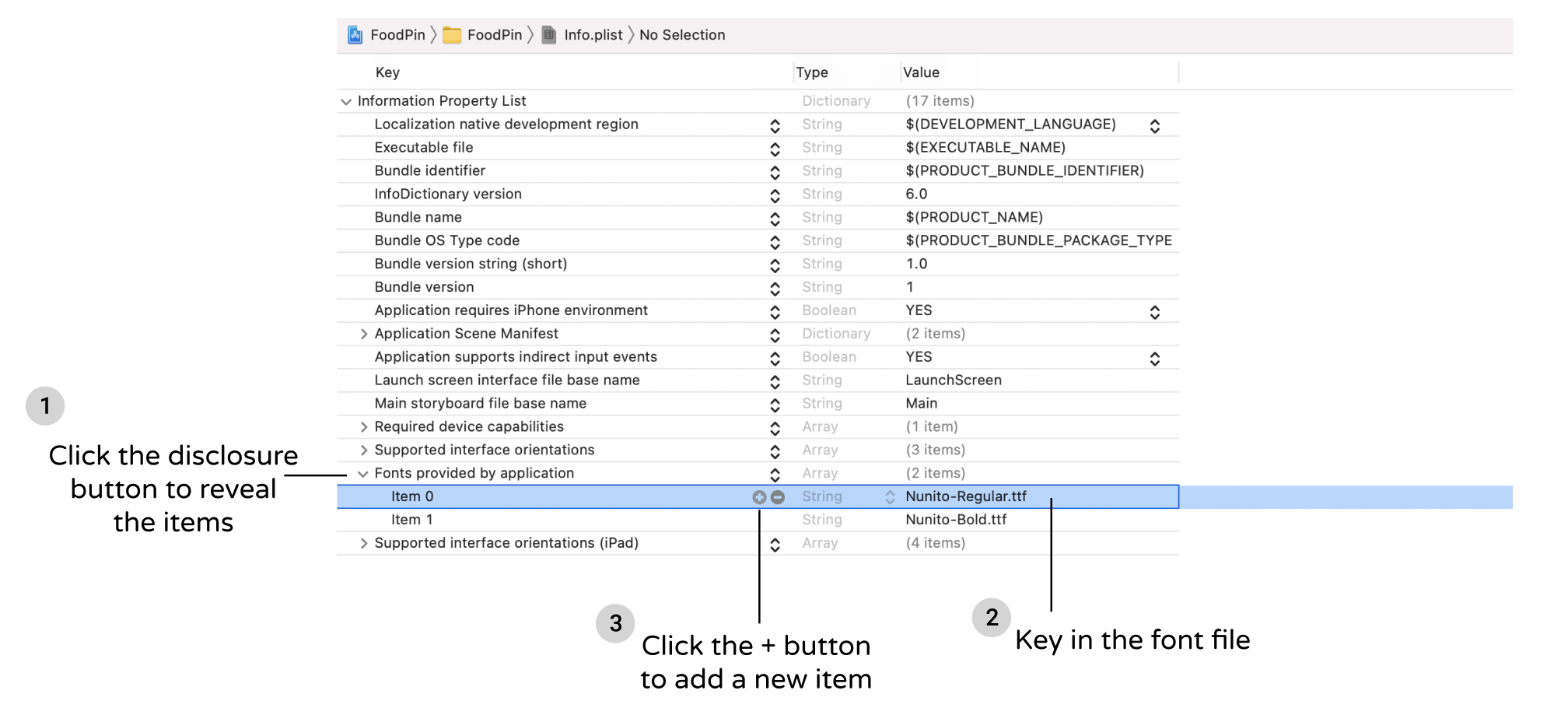 Figure 14-26. Specifying the font files in Info.plist