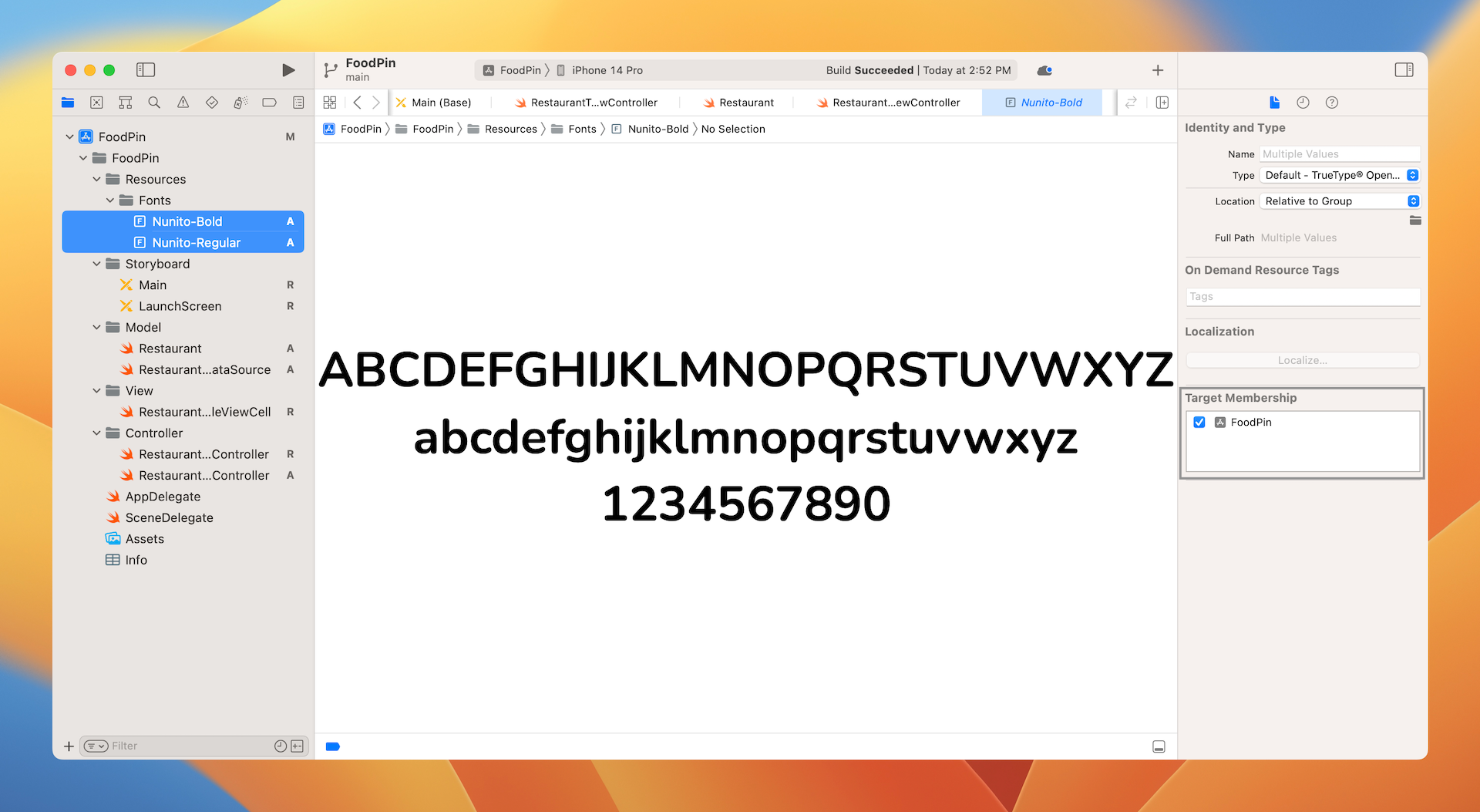 Figure 14-4. Select the FoodPin option under Target Membership