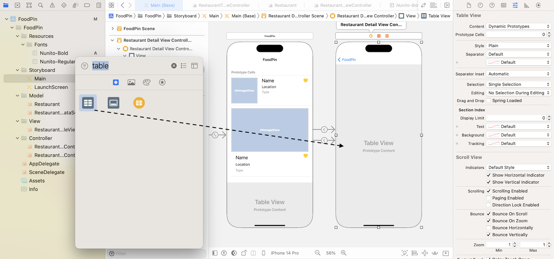 Figure 14-6. Adding a table view to the detail view controller