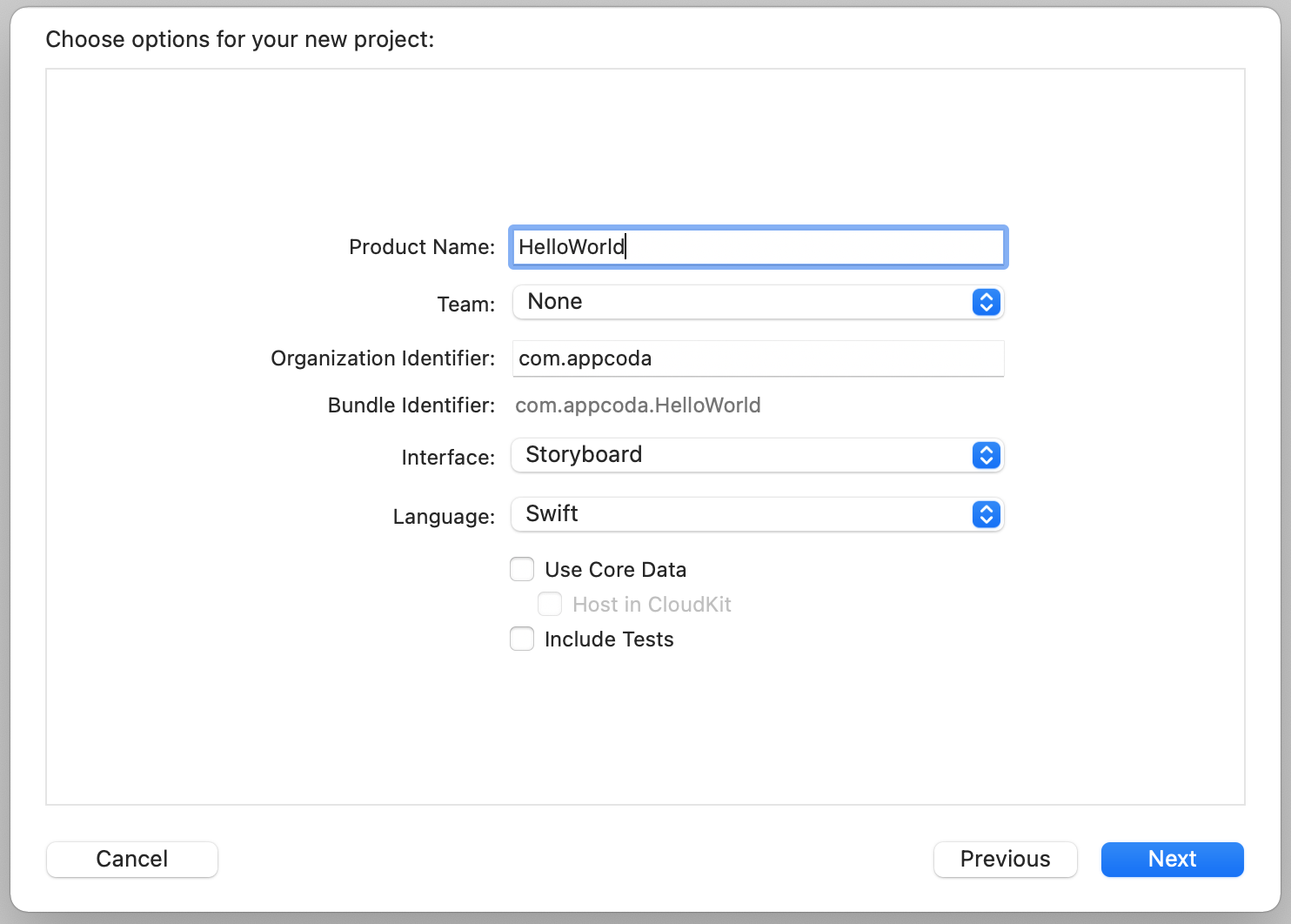 Figure 3-5. Options for your Hello World project