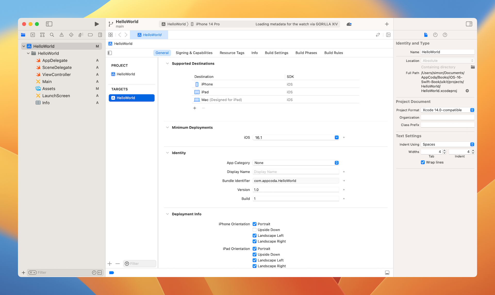 Figure 3-7. Main Xcode Window for HelloWorld Project