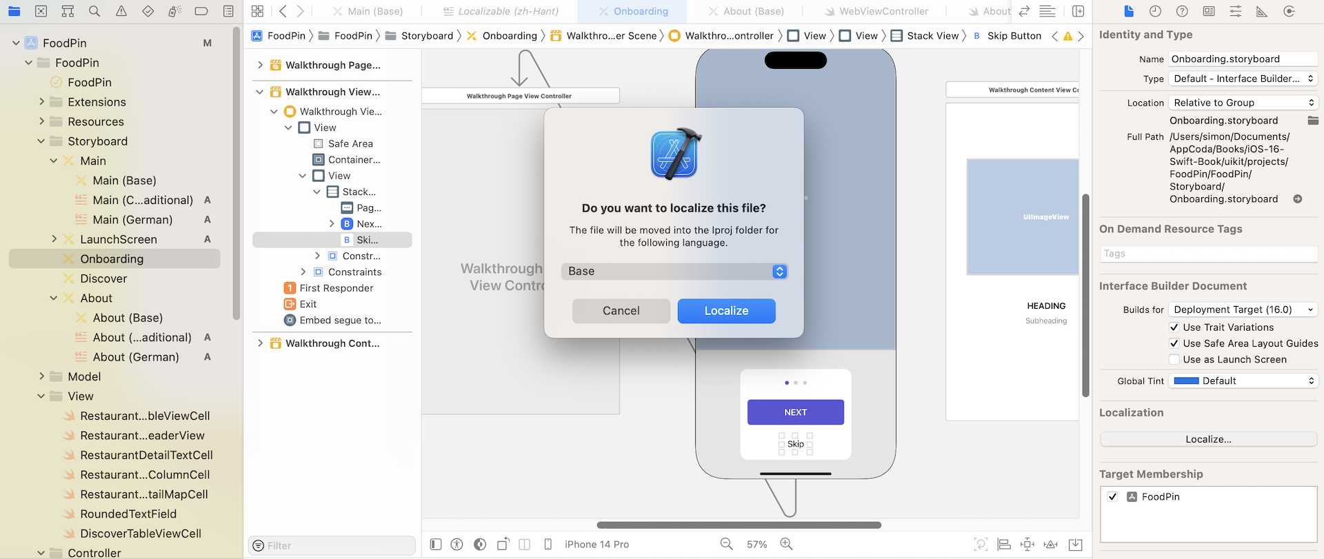 Figure 25-11. Enable localization for About.storyboard