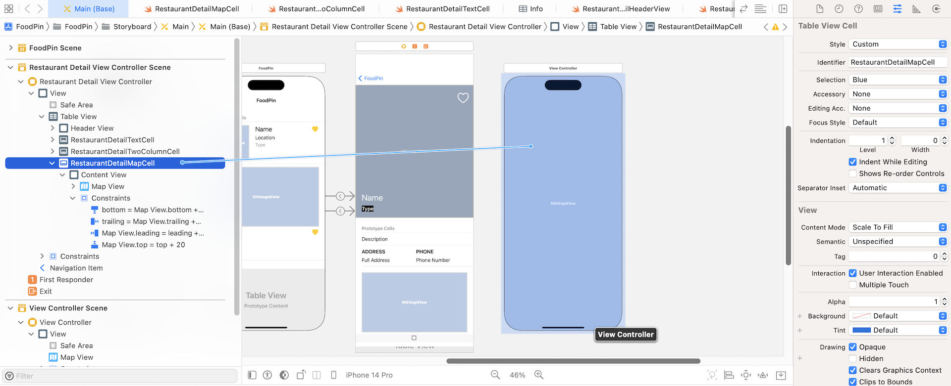 Figure 16-14. Creating a segue for the map view cell