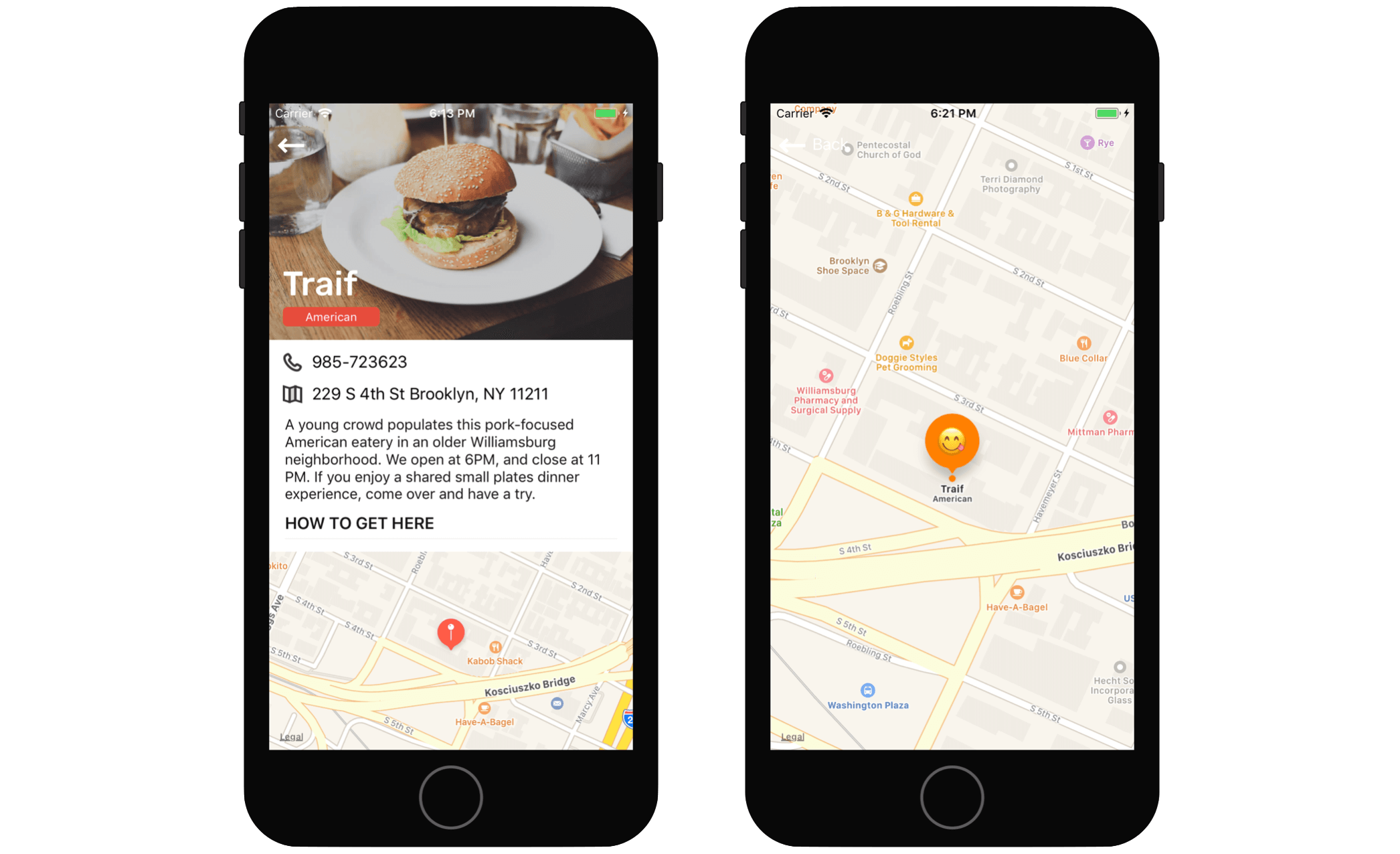 ￼Figure 16-2. An embedded map in the table view footer (left), A full screen map in a view controller (right)