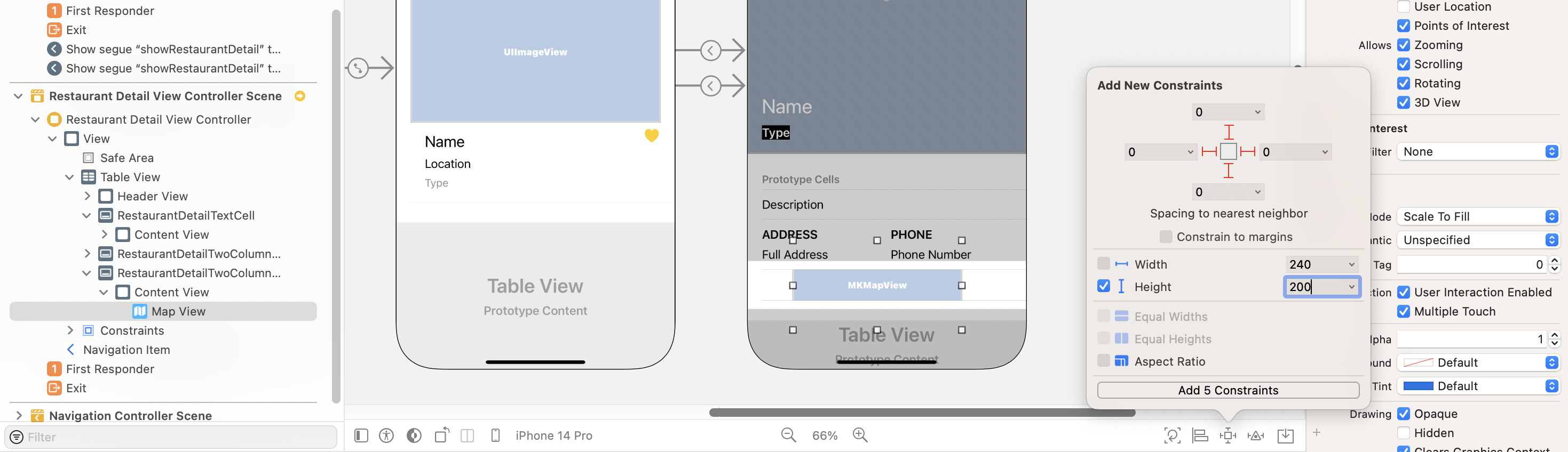 Figure 16-5. Adding the map view to the new prototype cell and defining the spacing constraints