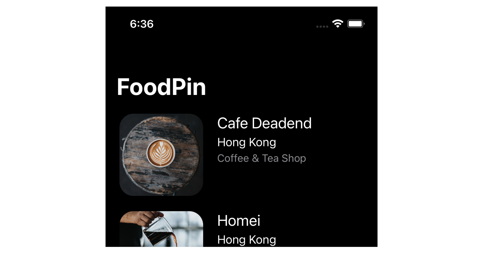 Figure 13-1. FoodPin app with a navigation bar in dark mode