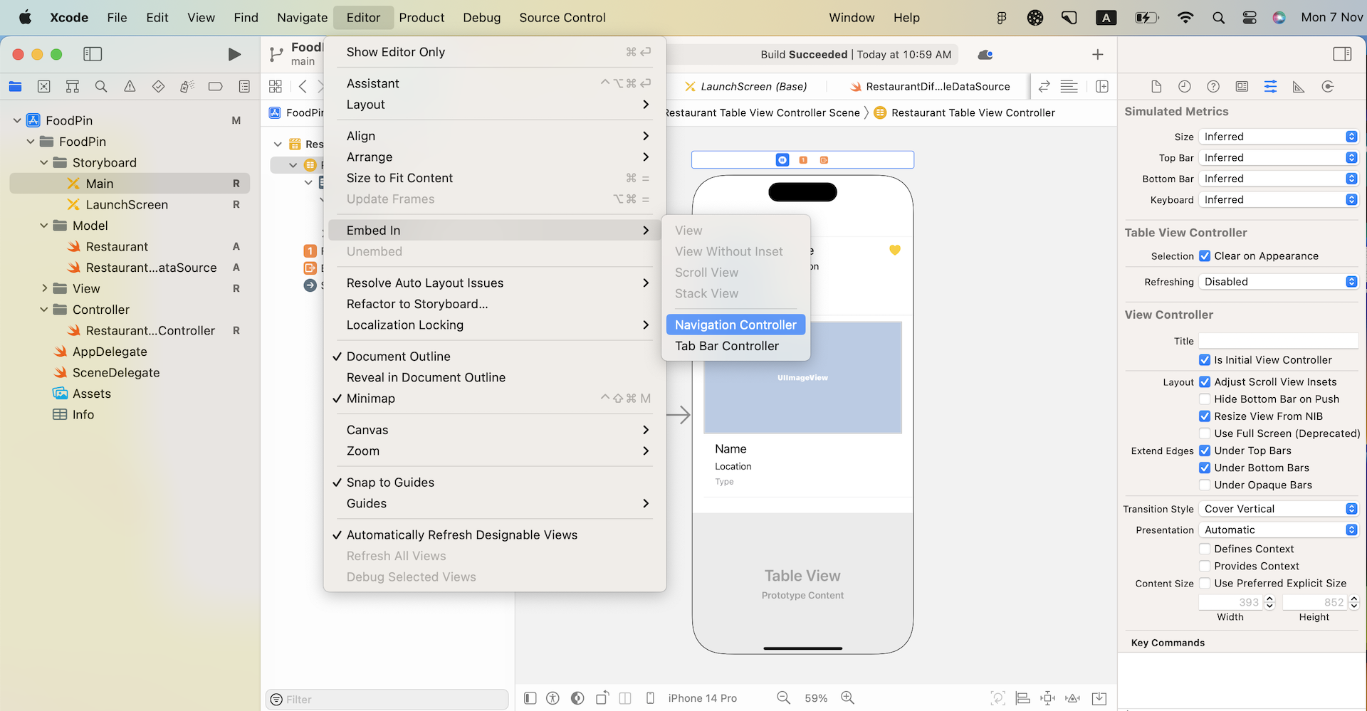 Figure 13-2. Embed in option in Xcode menu
