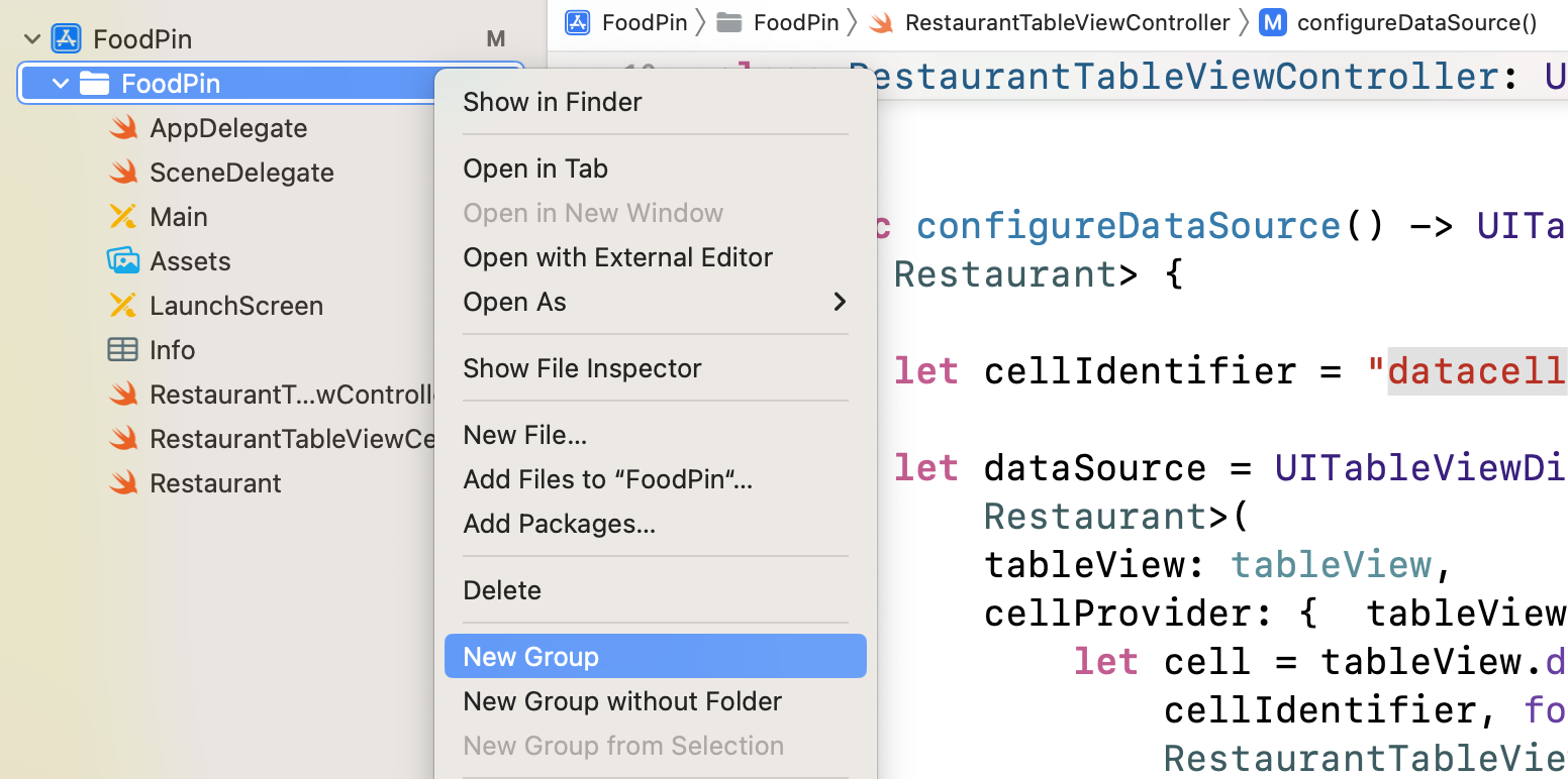 Figure 11-8. Right click FoodPin to create a new group