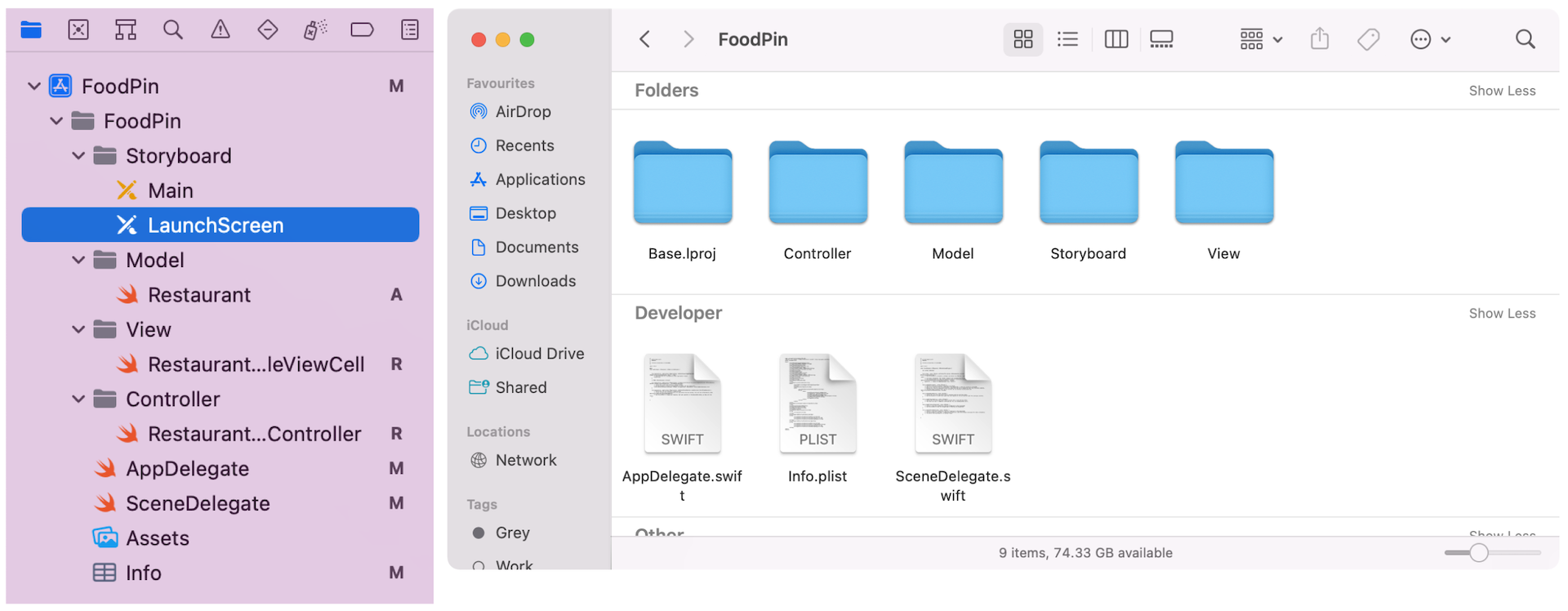 Figure 11-9. Organizing project files into groups (left), Each group is a subfolder of the FoodPin folder (right)