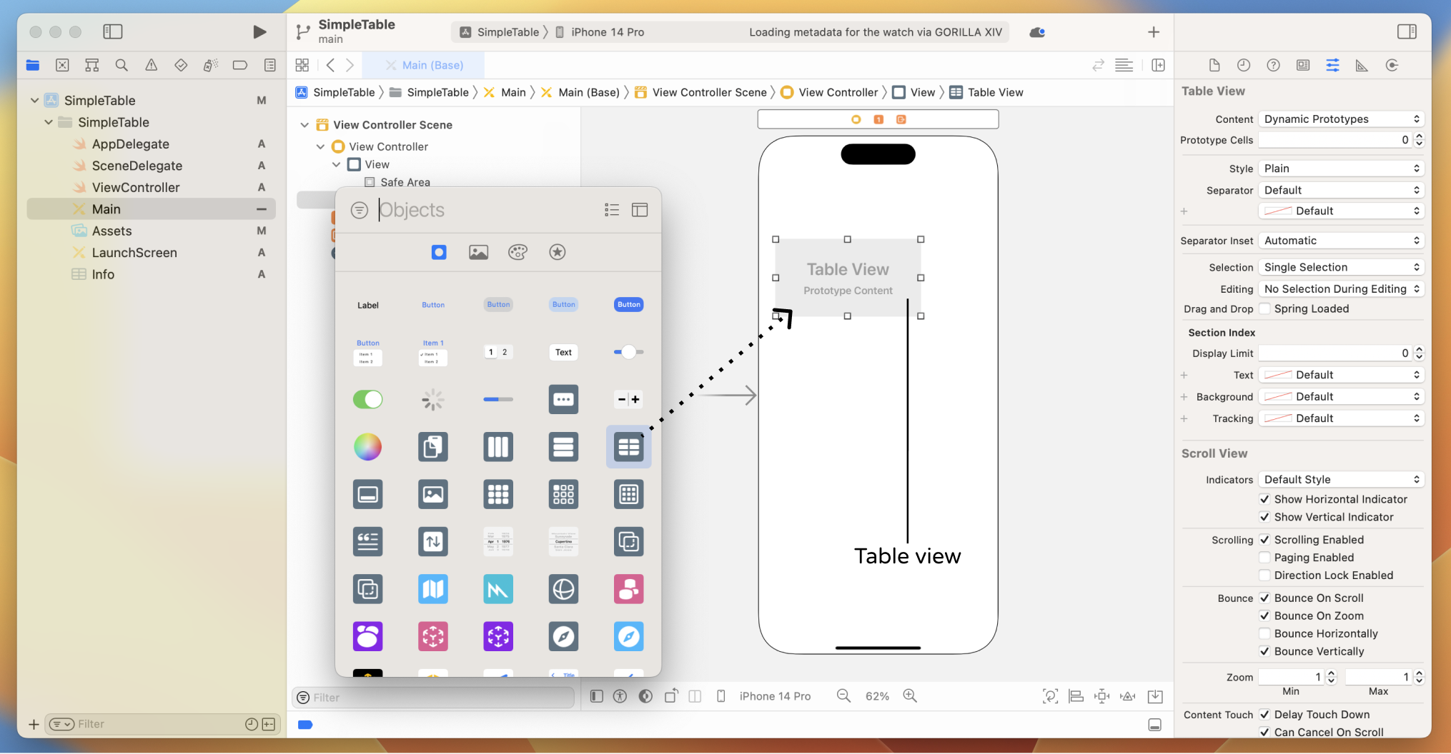 Figure 8-3. Drag a table view from the Object library to the View