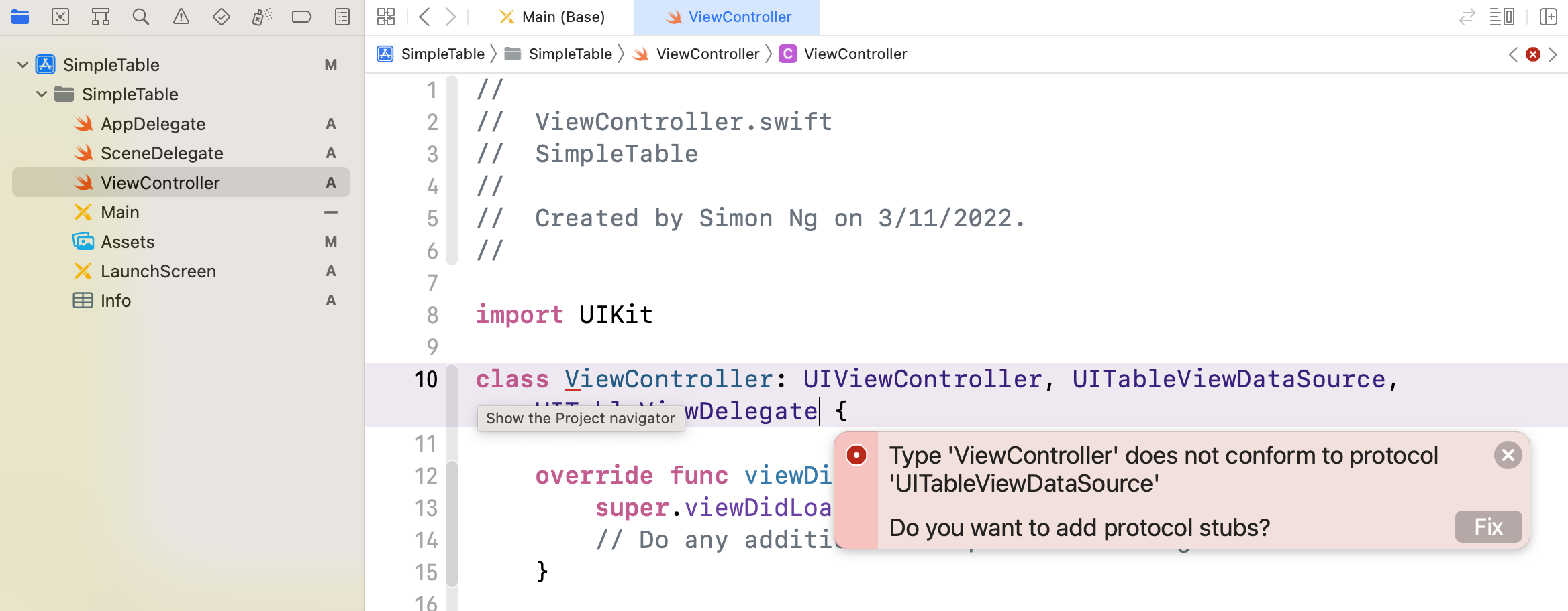 Figure 8-9. Implementing UITableViewDataSource and UITableViewDelegate protocols