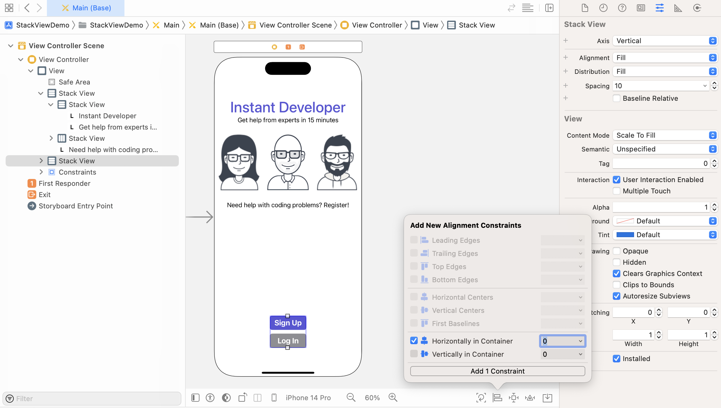Figure 6-25. Adding a new constraint to center the stack view horizontally