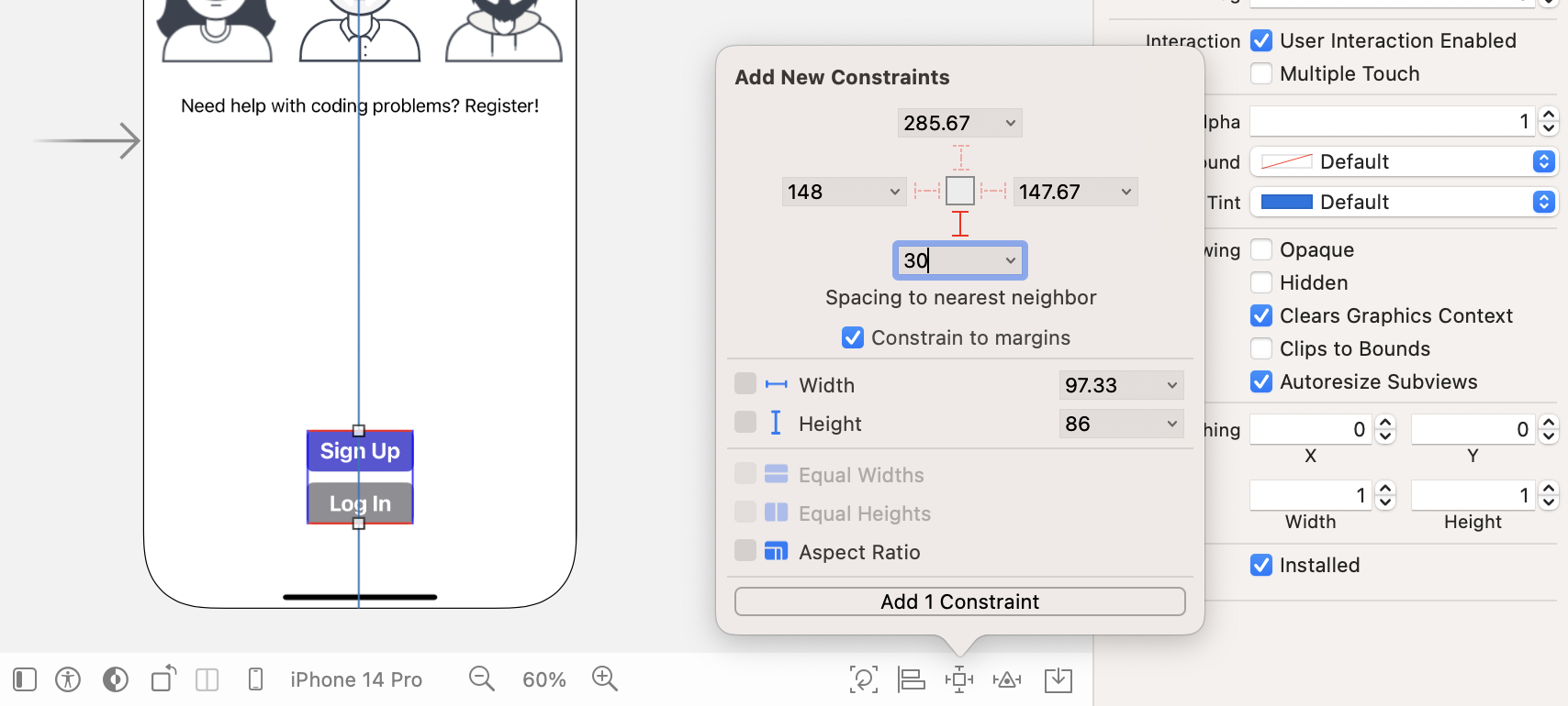 Figure 6-26. Adding a spacing constraint to the stack view
