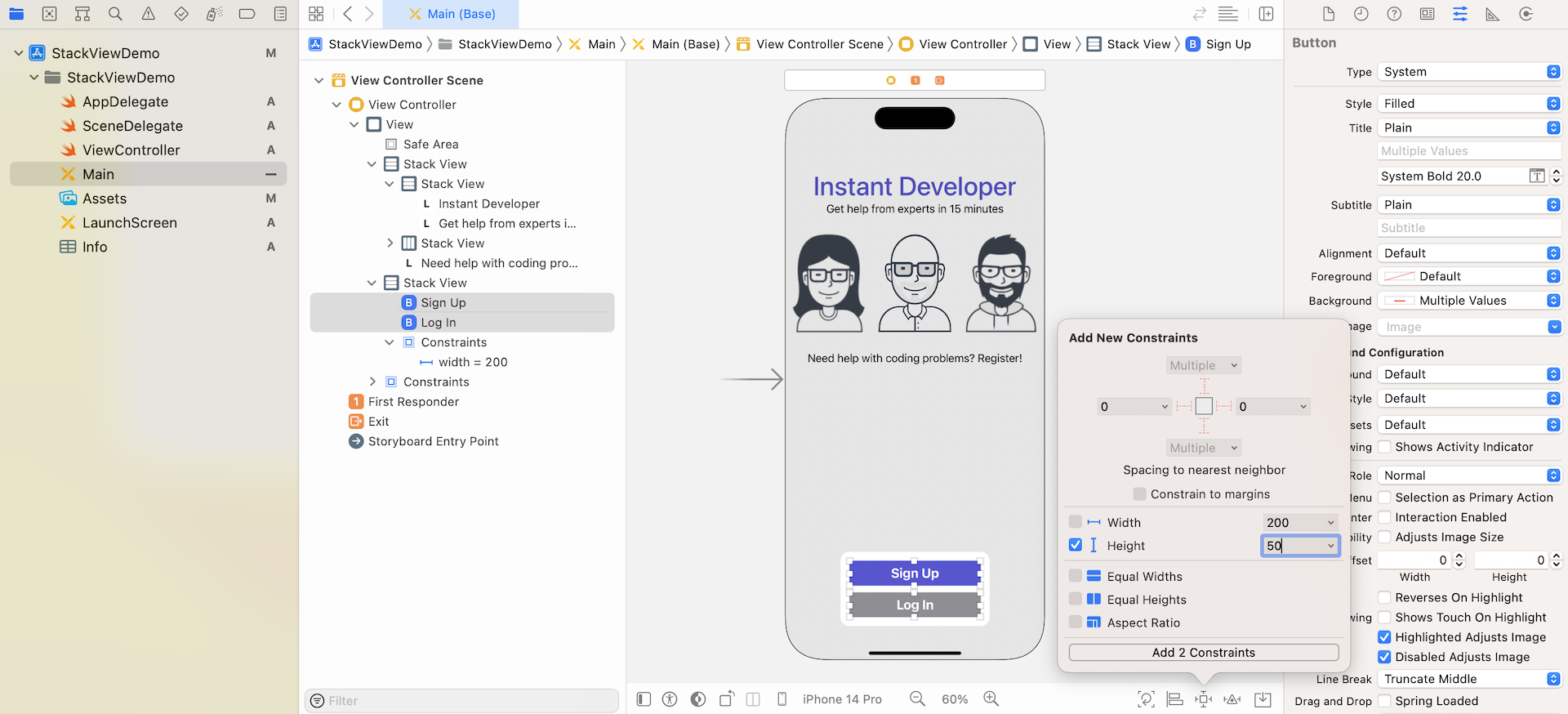Figure 6-29. Adding the height constraints to both buttons