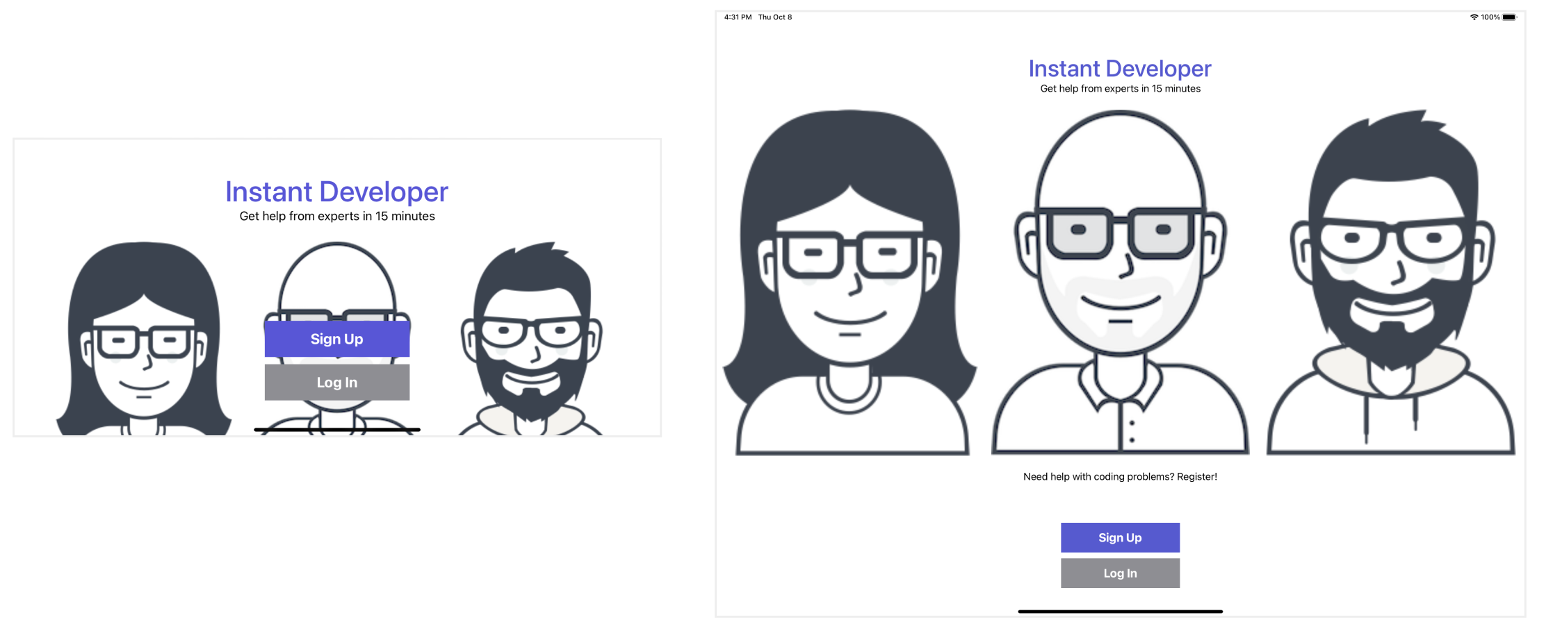 Figure 6-31. The app UI in landscape orientation on iPhone 11 Pro (left) and iPad Pro 12.9-inch (right)