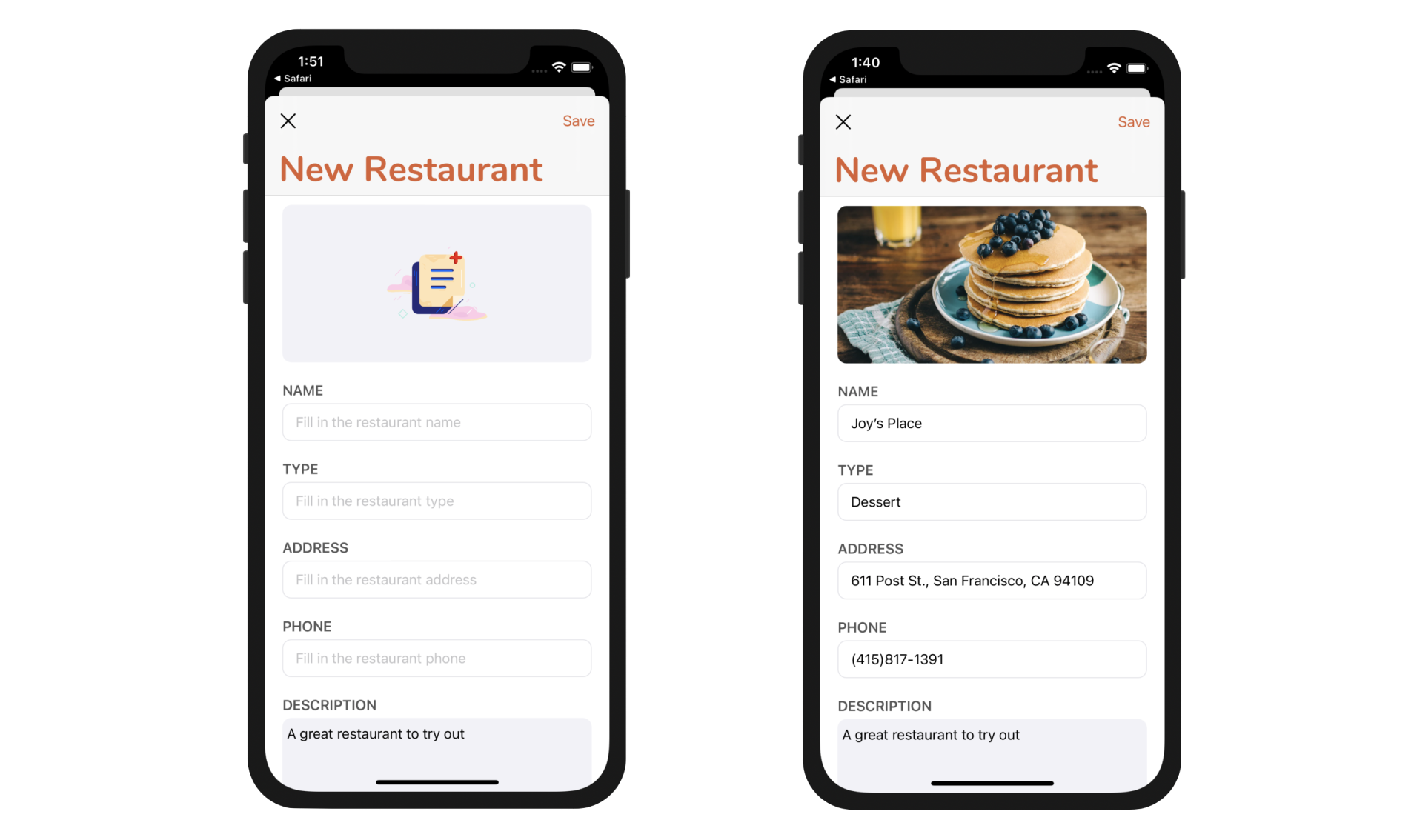 Figure 18-1. Creating a New Restaurant screen for adding a new restaurant