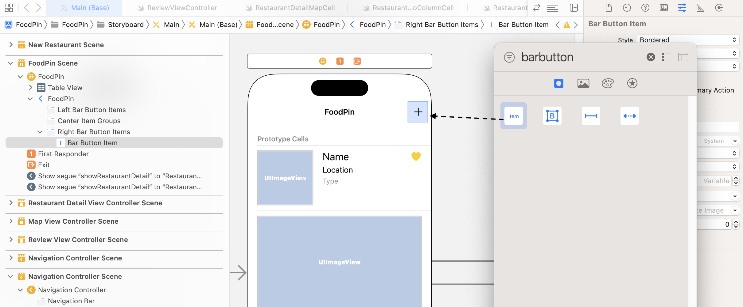 Figure 18-10. Add a bar button item in the navigation bar of the main screen