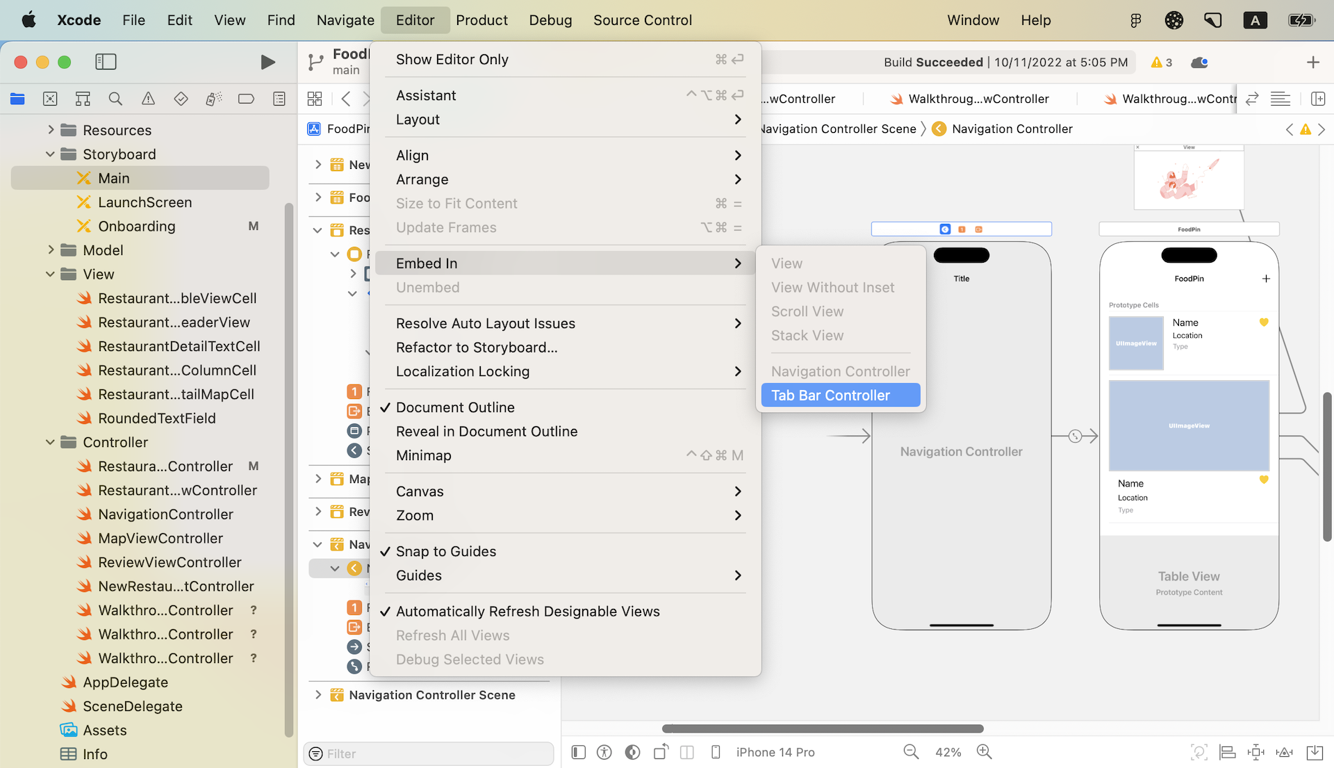 Figure 22-3. Embed the navigation controller in a tab bar controller