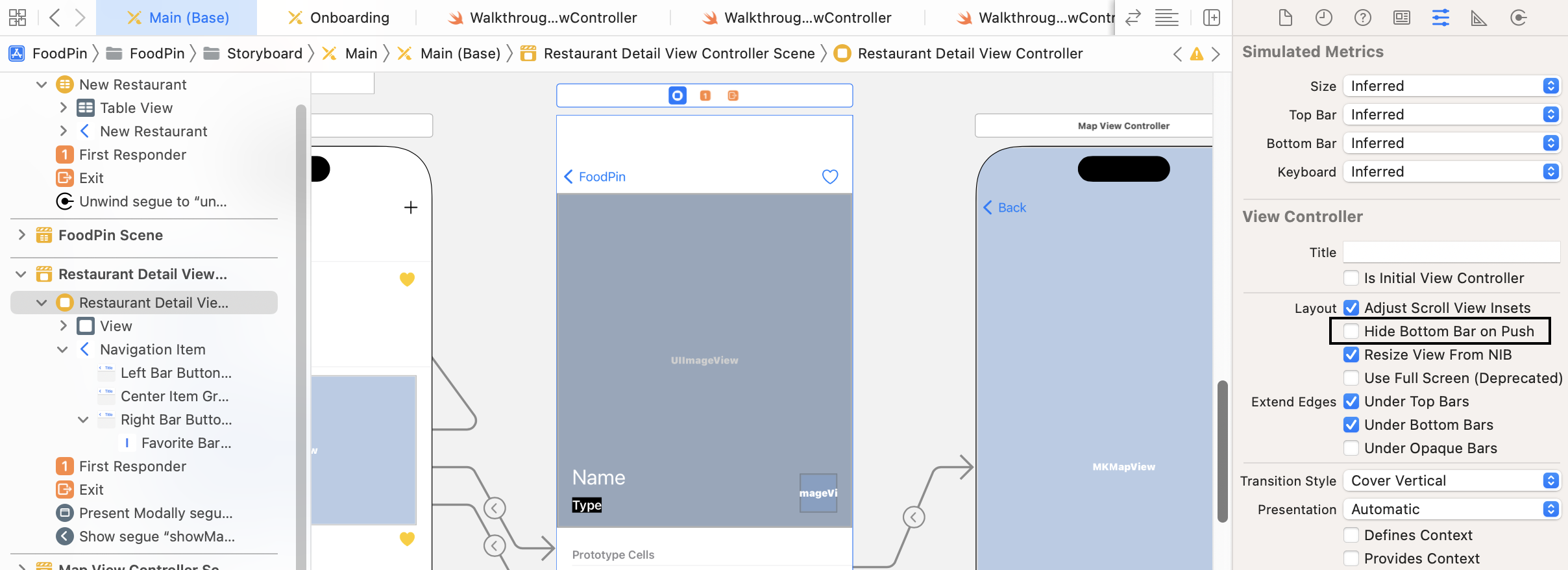 Figure 22-6. Enabling the Hide Bottom Bar on Push option for the detail view controller