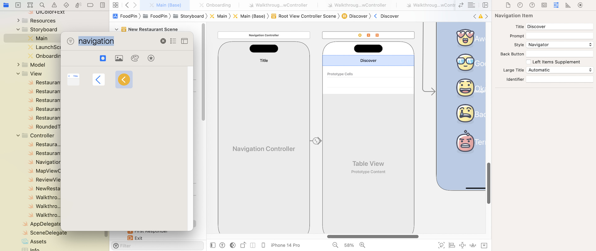 Figure 22-7. Navigation controller and table view controller in the Discover tab