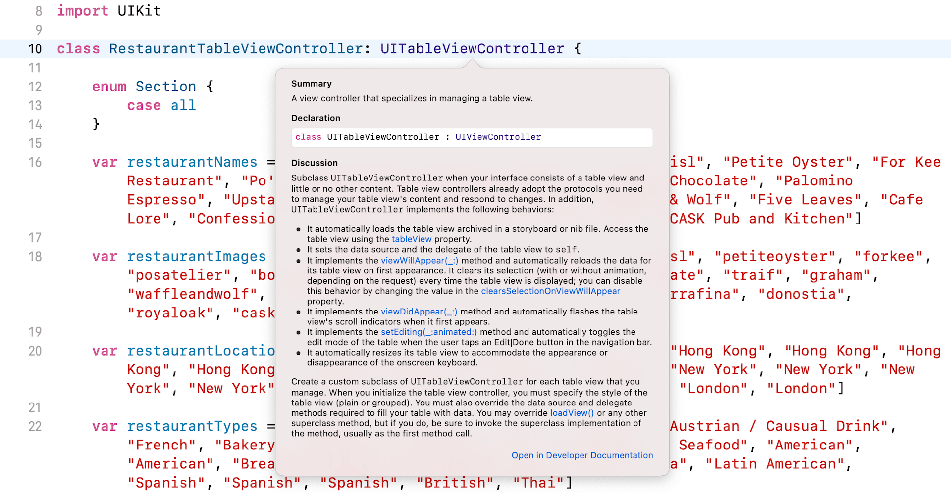 Figure 10-11. Accessing the API documentation by using a shortcut key