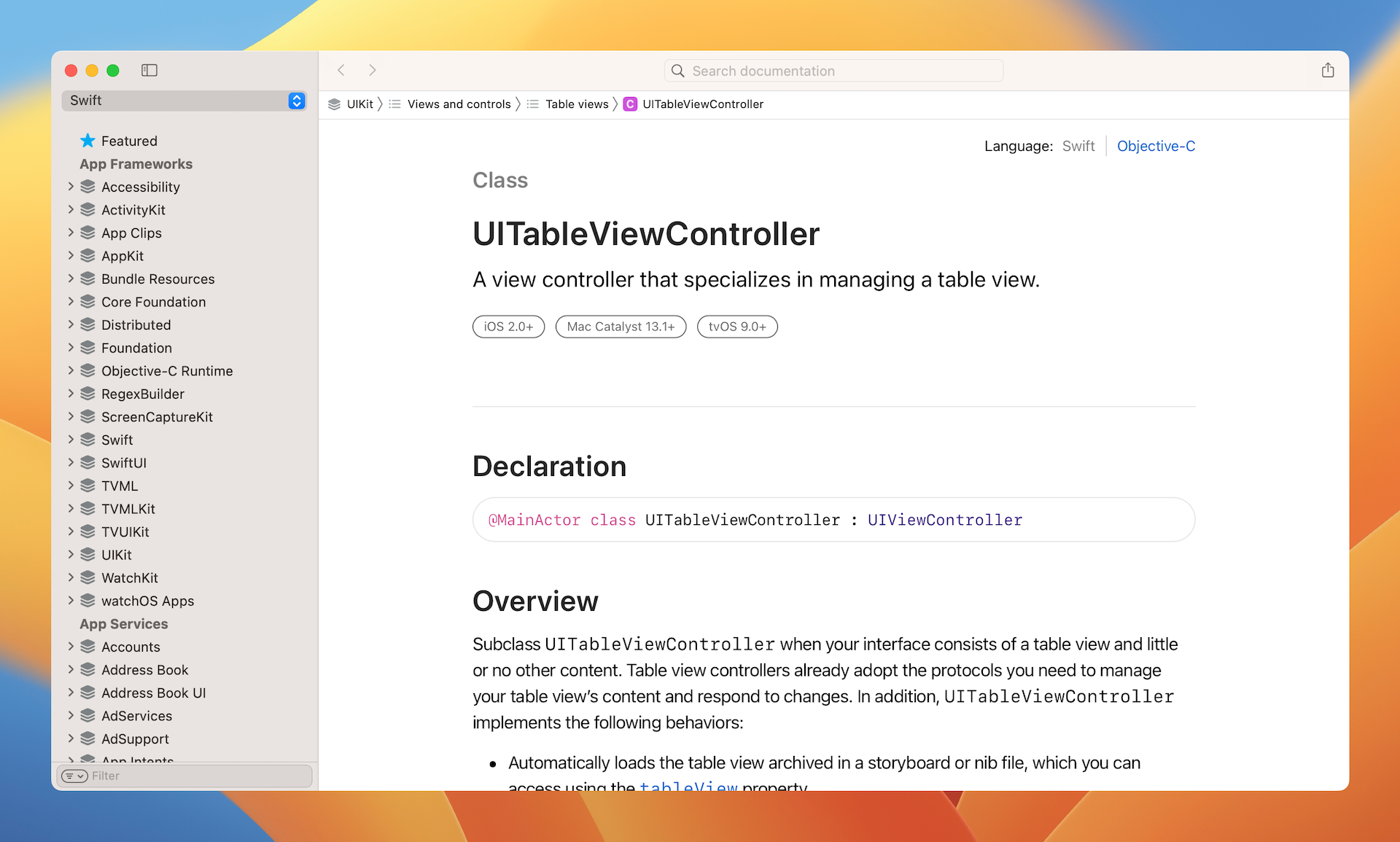 Figure 10-12. UITableViewController Documentation