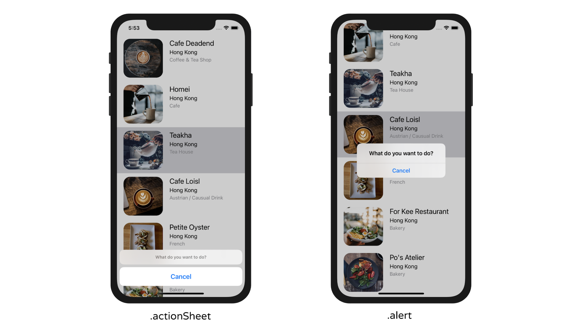 Figure 10-14. ActionSheet (left) and Alert (right)