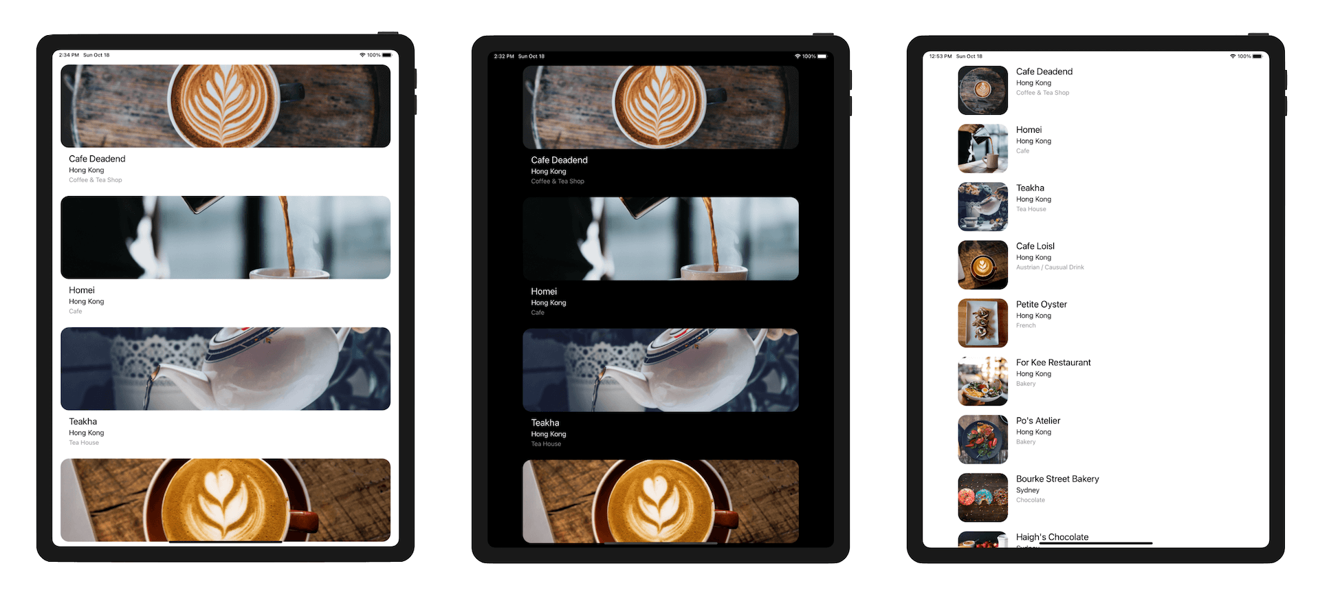 Figure 10-18. Table view with cellLayoutMarginsFollowReadableWidth disabled (left), Table view with cellLayoutMarginsFollowReadableWidth enabled (middle and right)