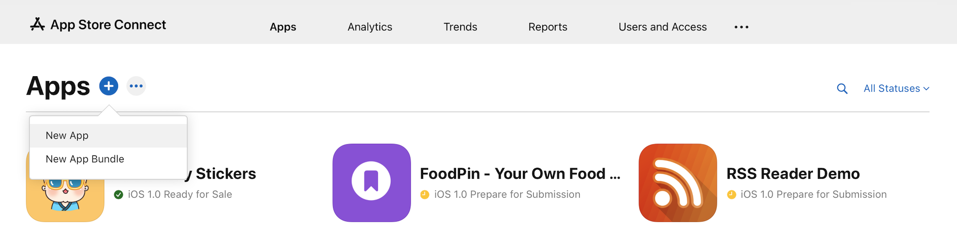 Figure 27-1. Creating a new iOS app on App Store Connect