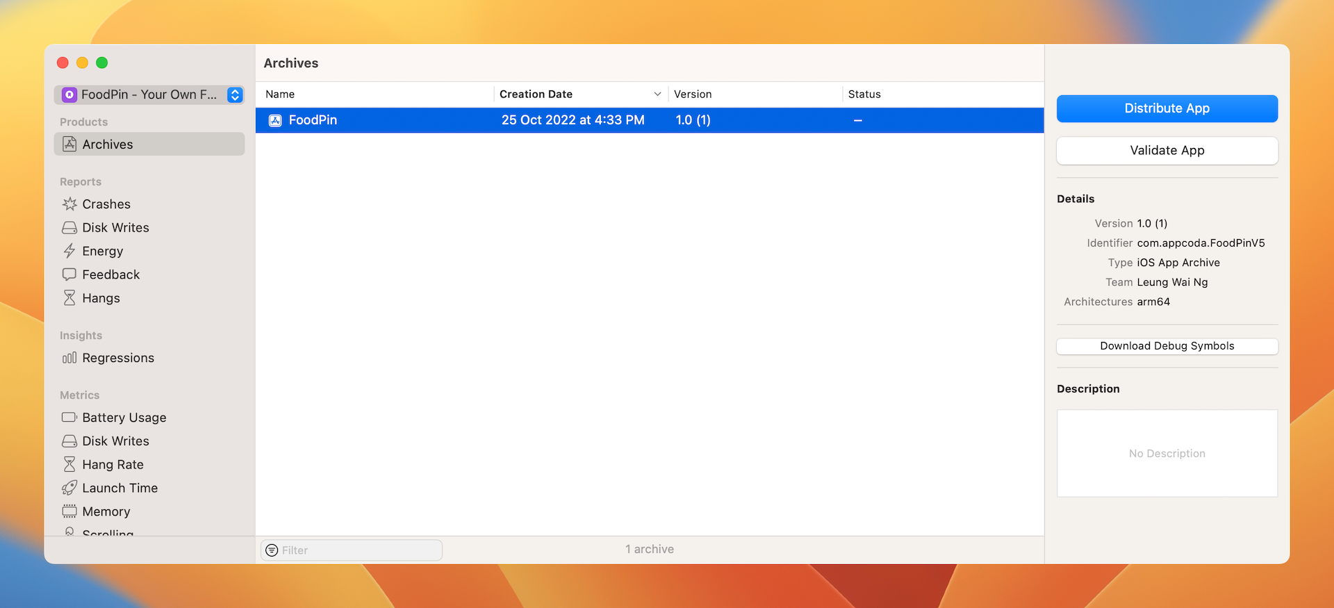 ￼Figure 27-13. Your app archive appears in Organizer