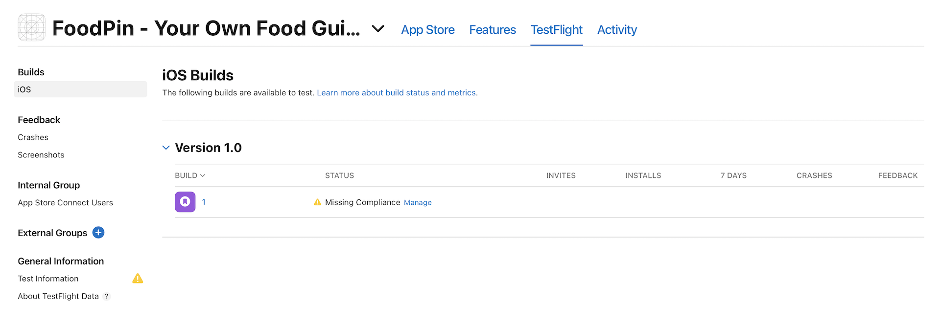 ￼Figure 27-16. Your iOS Build in TestFlight