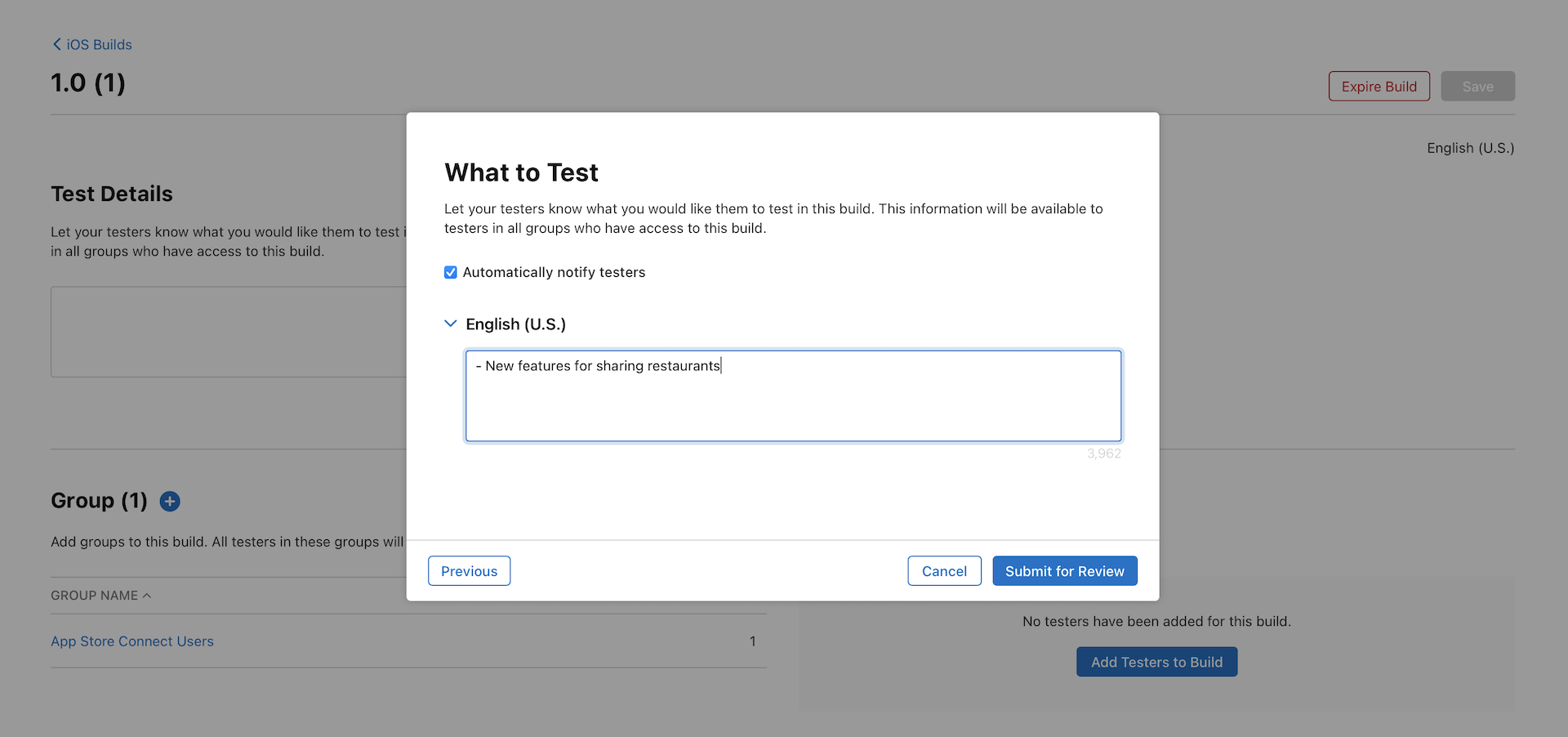 ￼Figure 27-20. You have to submit your app for review before you can invite external users for testing