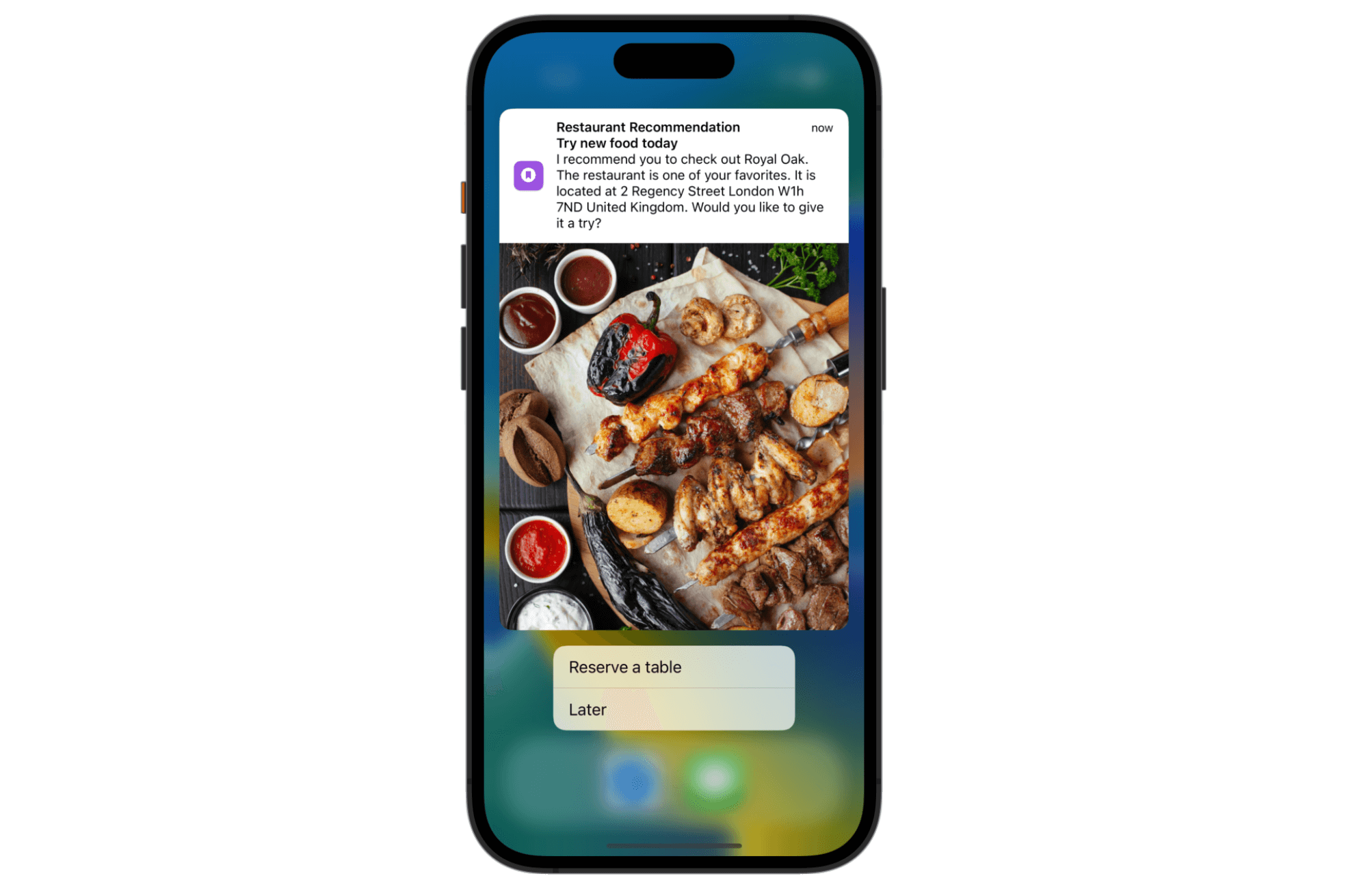 Figure 30-3. The FoodPin app recommends users a restaurant through local notifications